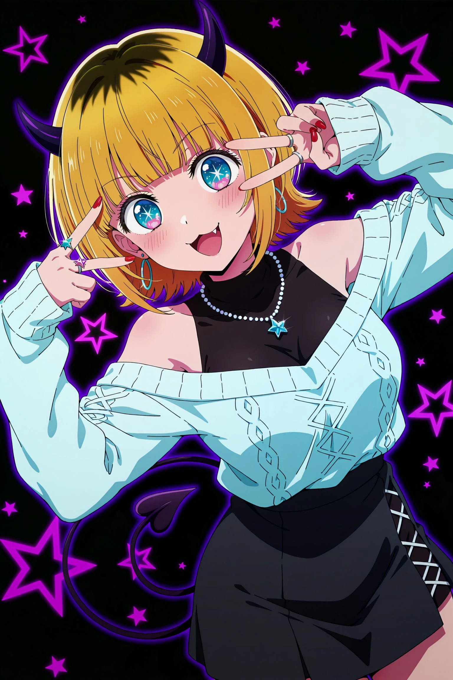 1girl,memcho,oshi no ko,blonde hair,blue eyes,demon horns,multicolored hair,short hair,roots \(hair\),
jewelry,horns,solo,off-shoulder sweater,blue sweater,tail,open mouth,fang,off shoulder,demon tail,fake horns,ring,earrings,necklace,v,sweater,looking at viewer,:3,smile,red nails,star (symbol),v over eye,bare shoulders,multiple rings,skirt,nail polish,long sleeves,black skirt,cowboy shot,bead necklace,blunt bangs,hoop earrings,short hair,outline,beads,blush,demon girl,black horns,black background,breasts,no pupils,sleeves past wrists,chromatic aberration,cross-laced clothes,simple background,star symbol background,star \(symbol\),patterned background,dutch angle,curvy,dynamic pose,pose,
(anime coloring:2.4),(anime screenshot,anime screencap:1.2),(masterpiece, best quality, newest, absurdres, highres),