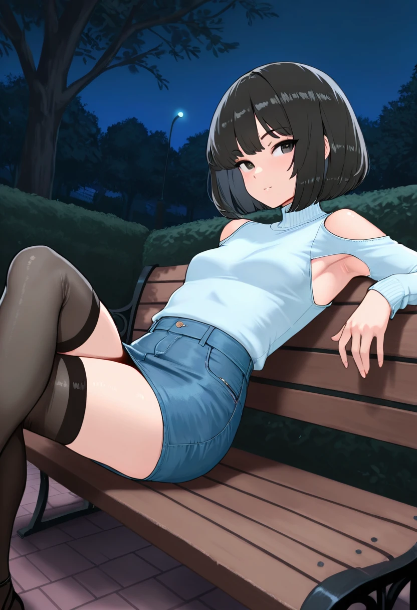 Young girl with blue hair,short straight hair and short bangs (purple eyes),, ((small bushy eyebrows)), wearing gothic lolita clothing, lolicon , (medium large breast, breasts out of blouse), walking to school, bored look, bored face,,, (sitting with legs open lifting her skirt to show her vagina wet with semen),