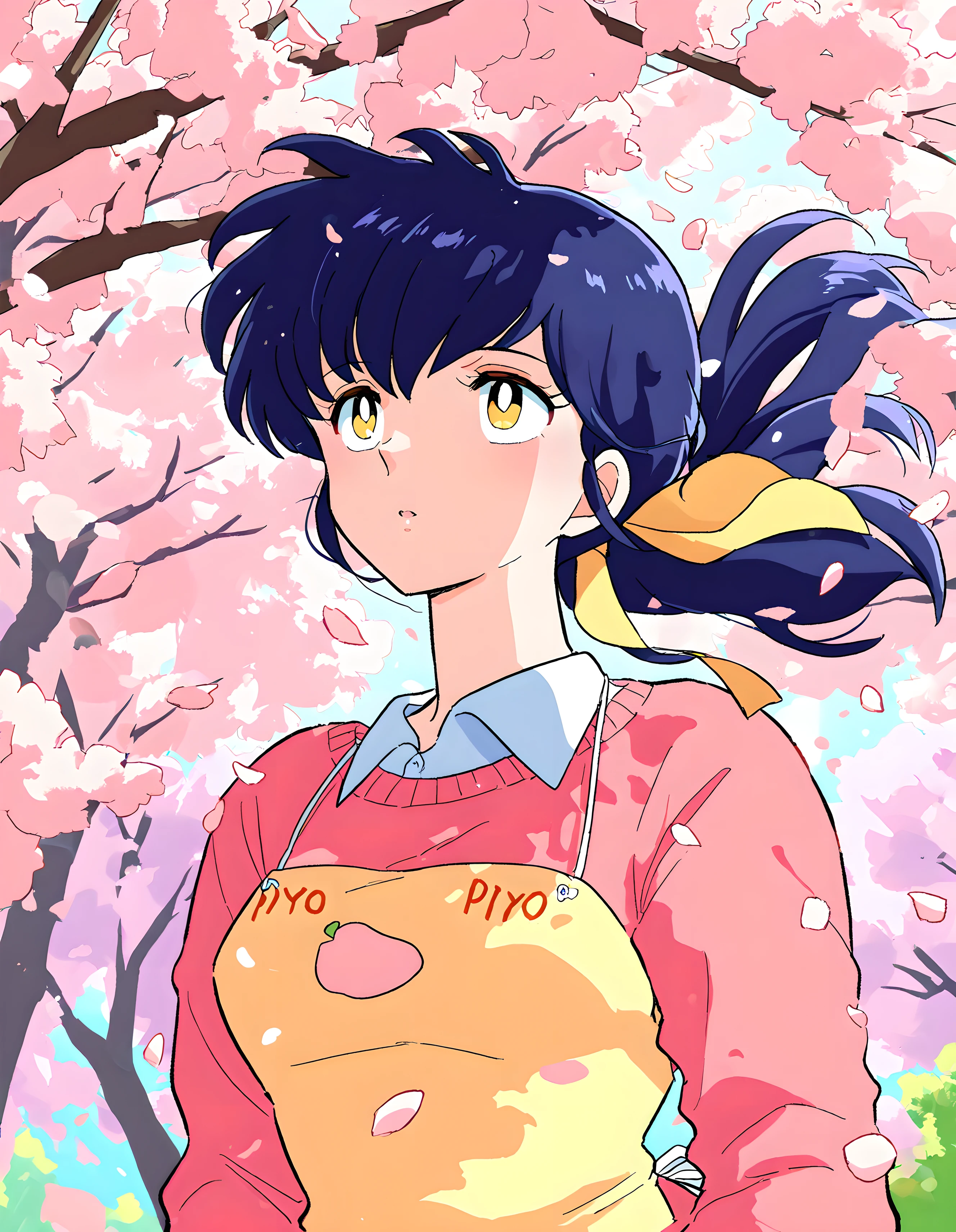 <lora:illustrious_XL_otonashi:0.9>,otonashi,masterpiece,best quality,good quality,1girl,solo,ponytail,hair_ribbon,yellow apron,PIYO PIYO,pink sweater,white collared shirt,in spring,day,nature,cherry blossom,petals,delicate hair,available light,hair swinging in the wind,standing,upper_body,looking_up,