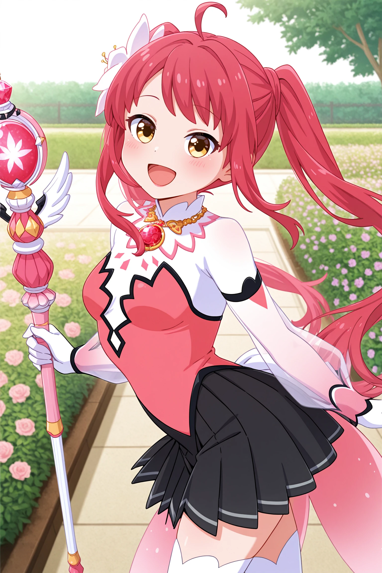 masterpiece, best quality, very aesthetic, hasumiurara, outfit3, solo, outdoors, garden, magical girl, red hair, ahoge, twintails, gem brooch, hair flower, swept bangs, very long hair, sidelocks, yellow eyes, small breasts, gem necklace, pink flower, pink bodysuit, see-through sleeves, white gloves, elbow gloves, holding scepter, black skirt, pleated skirt, white thighhighs, smile, open mouth, :d, pink lips, <lora:Hasumi-Urara:0.7>