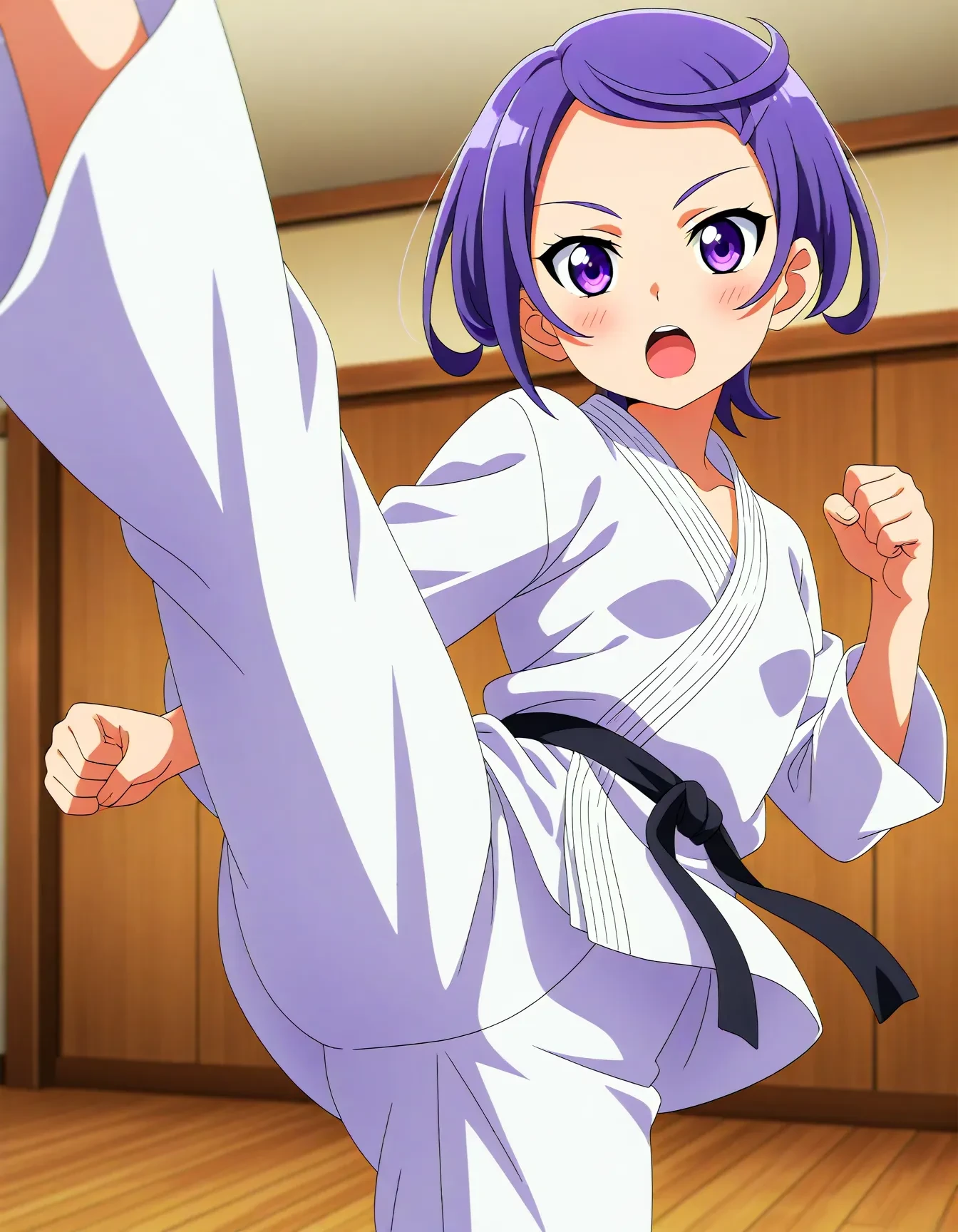 <lora:dmd2_sdxl_4step:1>,official style,masterpiece,best quality,newest,very aesthetic,highly detailed,high resolution,absurdres,highres,depth of field,super detailed skin,very awa,Anime,anime coloring,anime screencap,<lora:cure_sword_V1:1>,kenzaki makoto,purple eyes,purple hair,short hair,small breasts,dougi,serious,karate,fighting_stance,open mouth,high_kick,