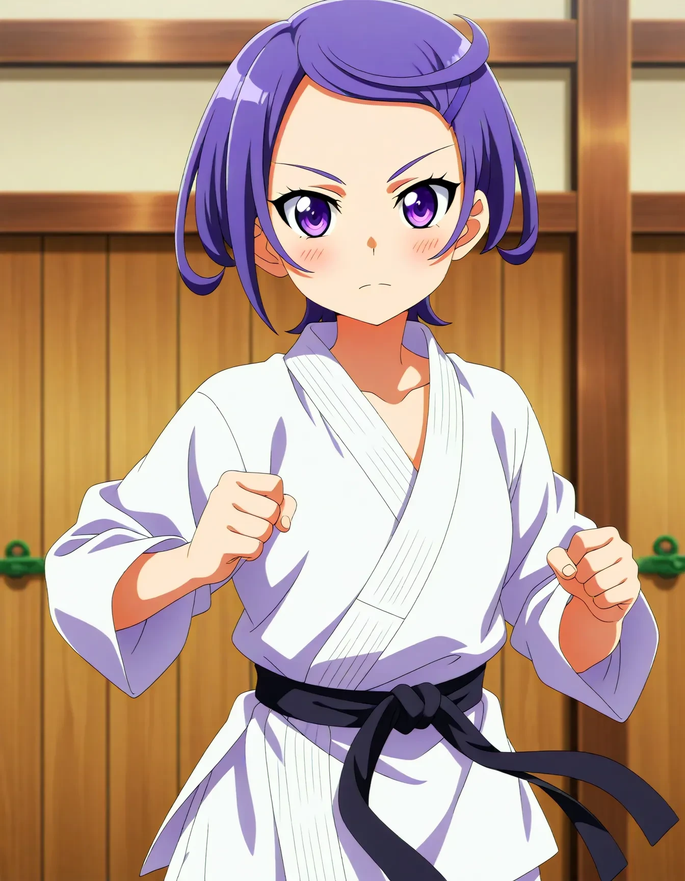 <lora:dmd2_sdxl_4step:1>,official style,masterpiece,best quality,newest,very aesthetic,highly detailed,high resolution,absurdres,highres,depth of field,super detailed skin,very awa,Anime,anime coloring,anime screencap,<lora:cure_sword_V1:1>,kenzaki makoto,purple eyes,purple hair,short hair,small breasts,dougi,serious,karate,fighting_stance,