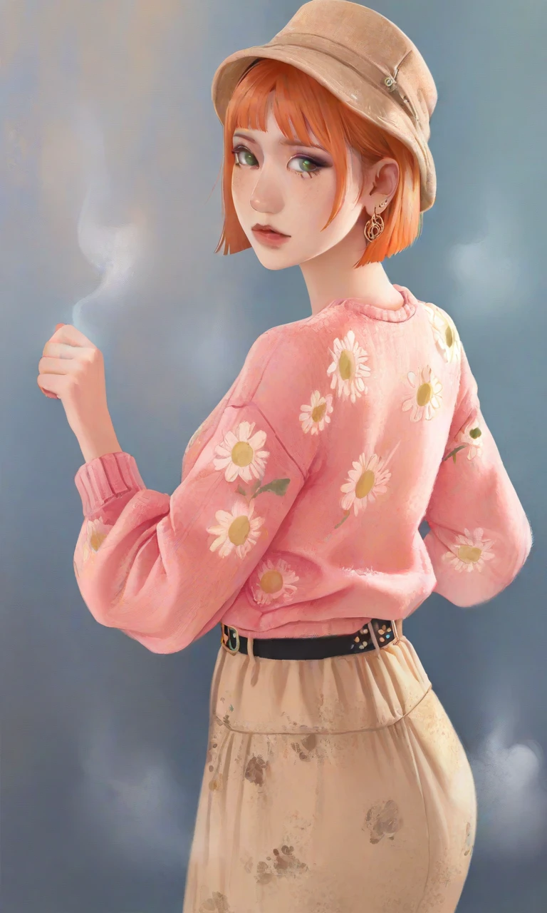 there is a woman dressed as a goth in a steam punk style, 1girl, solo, earrings, jewelry, looking back, nose,1girl,short hair,orange hair,beige headwear,bob cut,green eyes,makeup,floral print sweater,pink sweater,black belt,beige skirt,watercolor, lldn, detailed drawing
