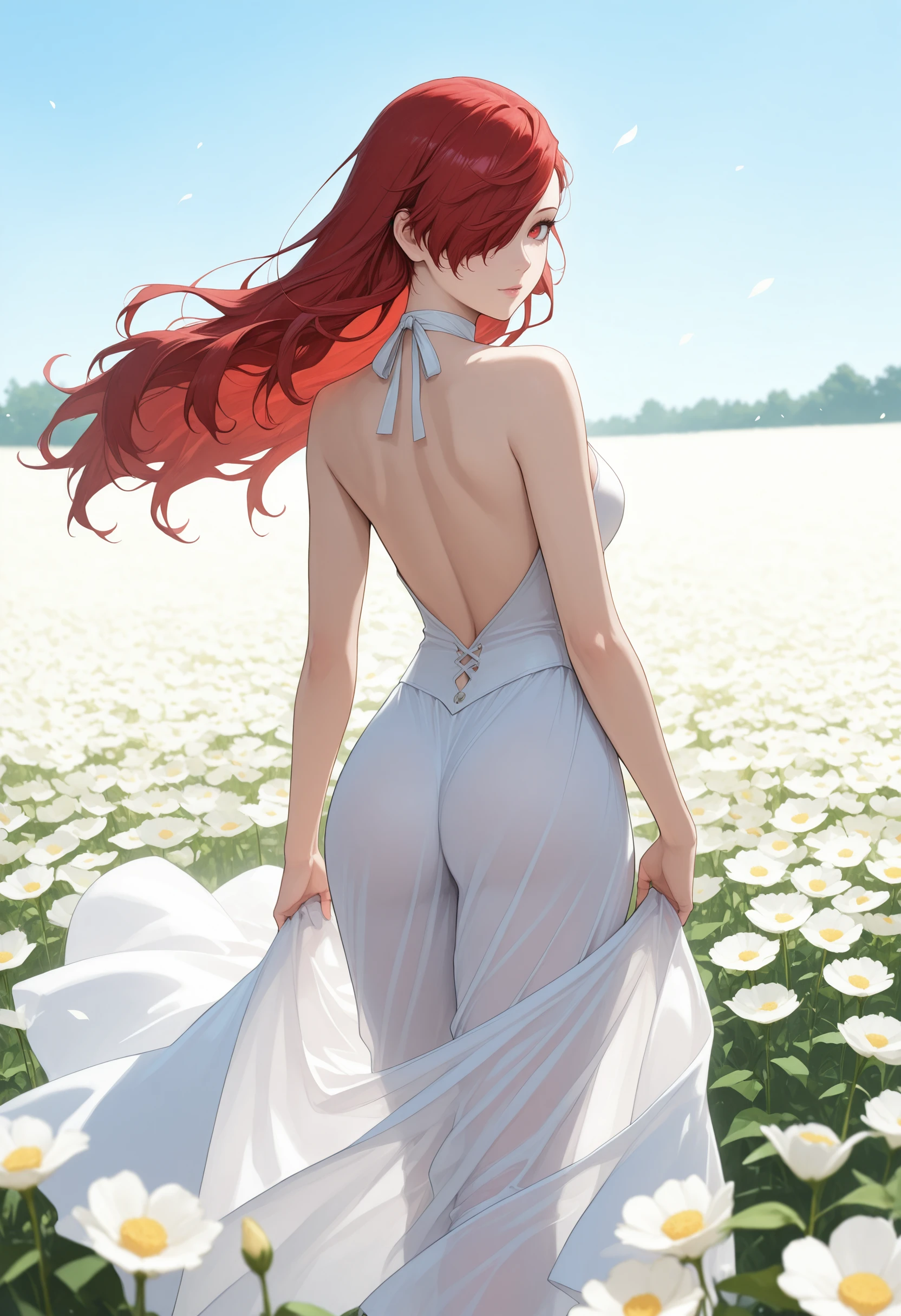 top-quality、ultra-detailliert、Blue eyes、、Red-haired、1 female、(((long dress)))、white long dress、pony tail hairstyle、The background is the forest、Shyness、(((Rear view, slightly under)))