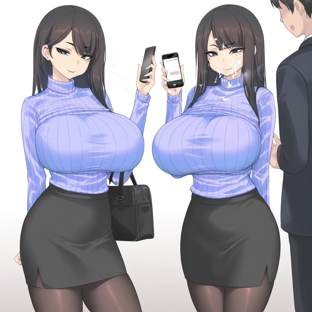 Photo_Comparison,big breasts,(mature female:1),black hair,long hair,phone, cellphone, smartphone, holding, Nude, Vaginal, Picture