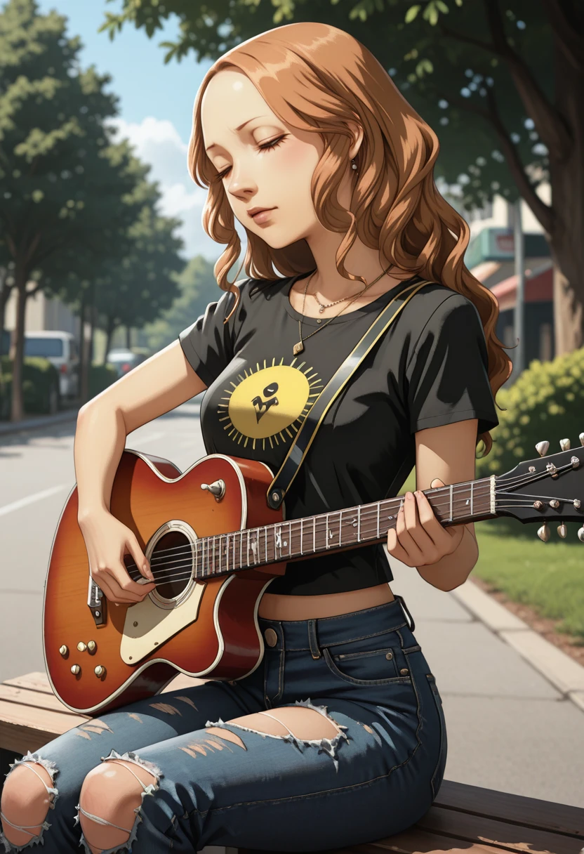 masterpiece, very aesthetic, best quality, absurdres, newest, solo,
<lora:ILP4AiEbihara:1>
persona4aiebihara, 1girl, brown hair, long hair, brown eyes, looking at viewer, playing instrument, denim, torn jeans, torn pants, t-shirt, guitar, necklace, closed eyes, music, jewelry, black shirt, blurry background, outdoors, torn clothes, short sleeves, holding instrument, tree, depth of field, High Angle (from the side) view medium Close shot (focus on legs)