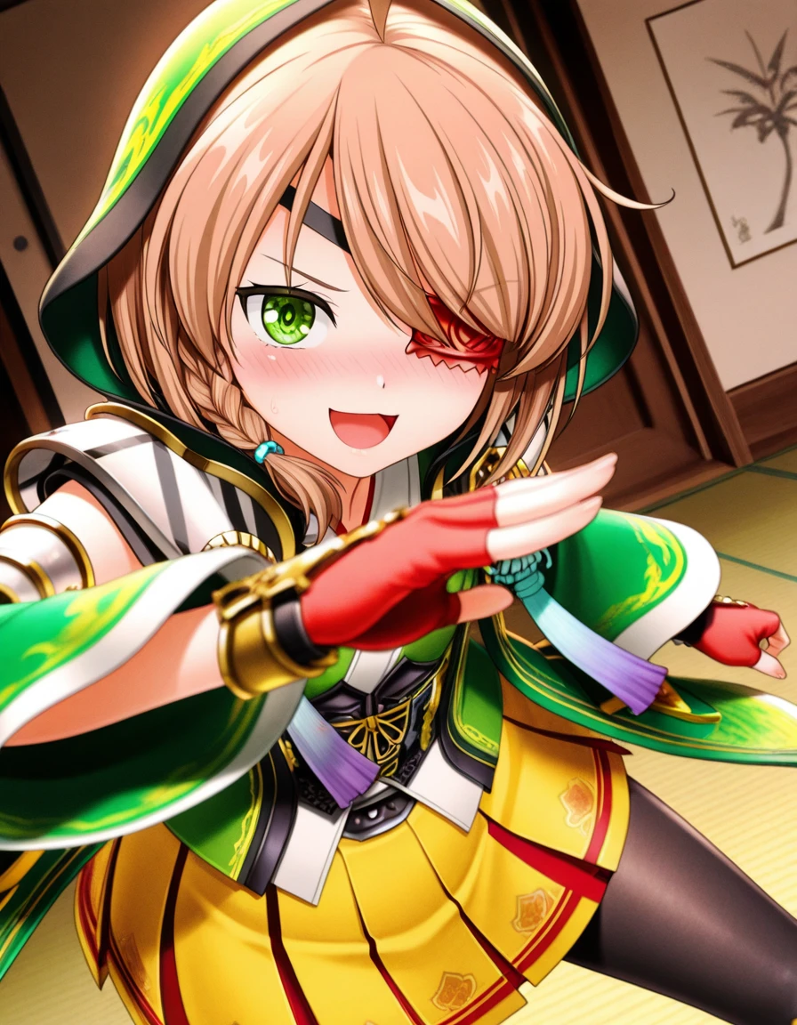 yamamoto_kansuke(sengoku_otome), green eyes, ahoge, brown hair, braid, eyepatch, hood, armor, green detached sleeves, fingerless gloves, skirt, yellow skirt, pleated skirt, black pantyhose, boots, <lora:yamamoto_kansuke(sengoku_otome)_Illustrious-XL_v1:1>, masterpiece,best quality,amazing quality,1girl, solo, standing, (dynamic pose) , blush,open mouth,light smile,
looking at viewer,(upper body, close-up),cowboy shot, upper body,
(indoors, )