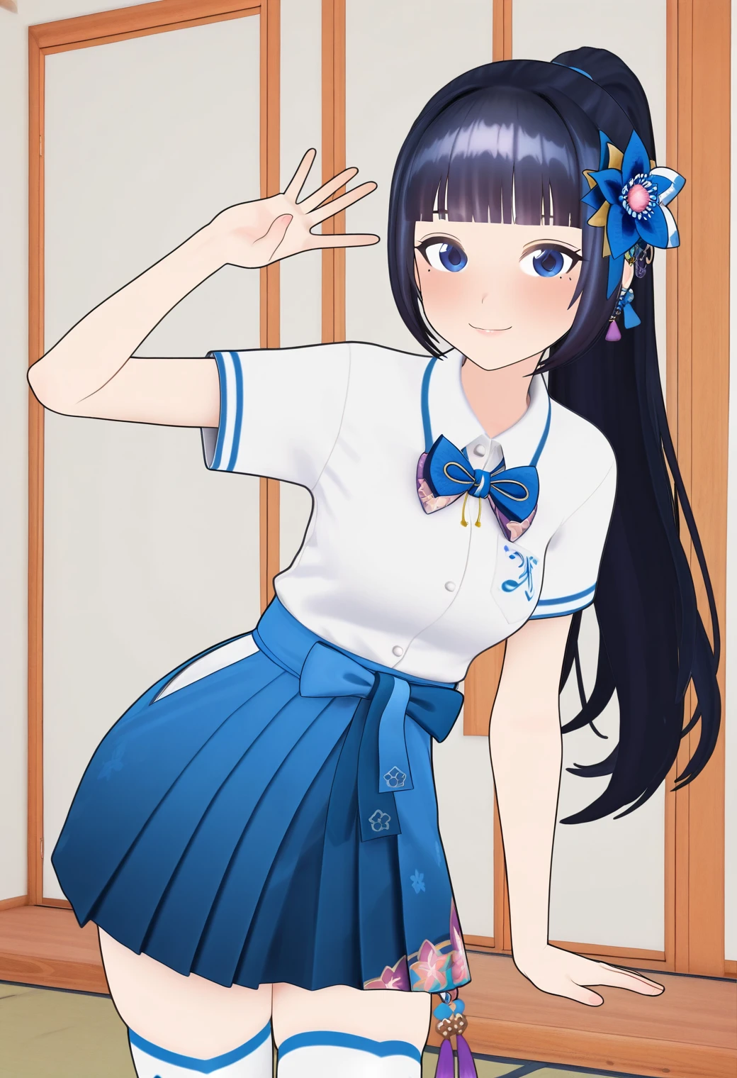 masterpiece, best quality, very aesthetic, absurdres, 1girl, solo,
<lora:fuji_aoi_v01:1.0>, virtual youtuber, aoi_costume2, black hair, long hair, ponytail, blunt bangs, blue eyes,
hair ornament, white shirt, collared shirt, blue bowtie, blue skirt, hakama short skirt, zettai ryouiki, white thighhighs, smile, posing