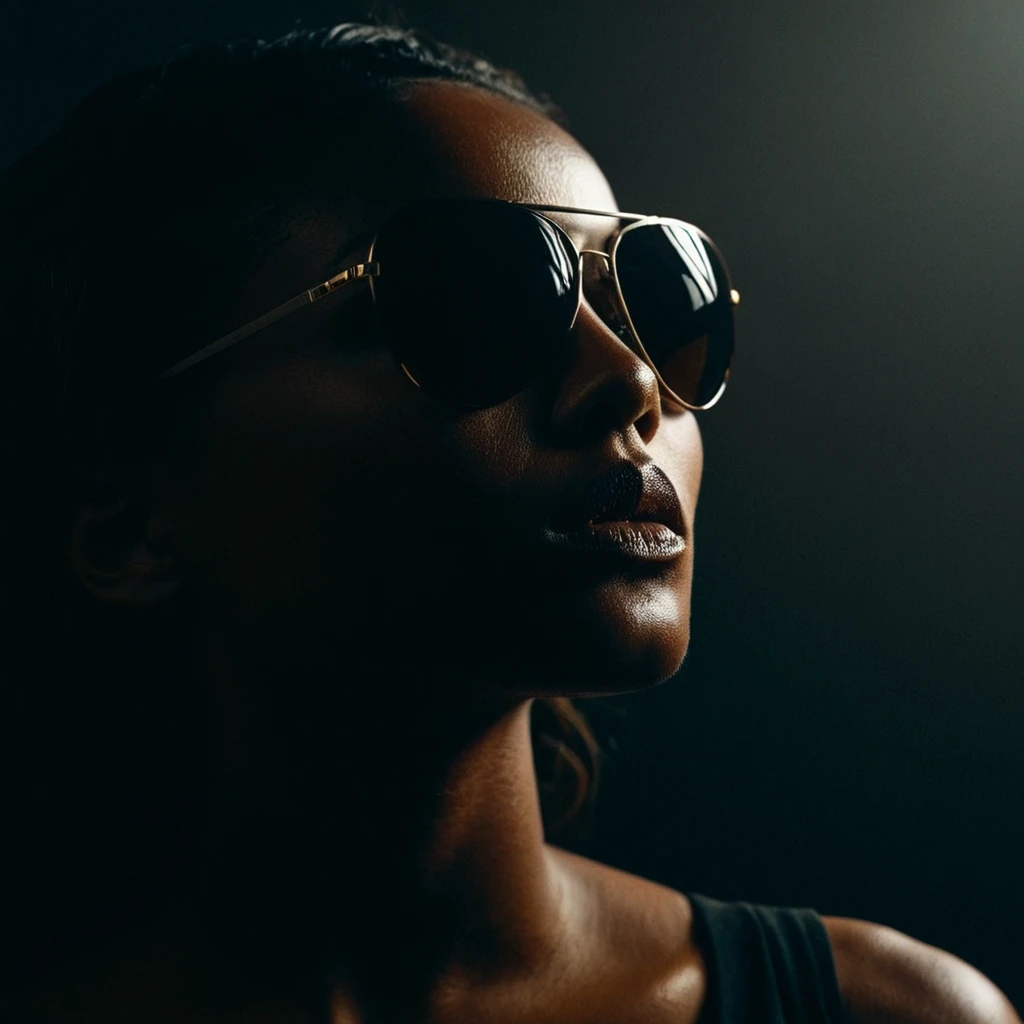 Dark Moody Atmosphere, <lora:Low-key lighting Style pony v1:1>
a brown skin woman with sunglasses on her face, dramatic, mysterious, dark moody atmosphere