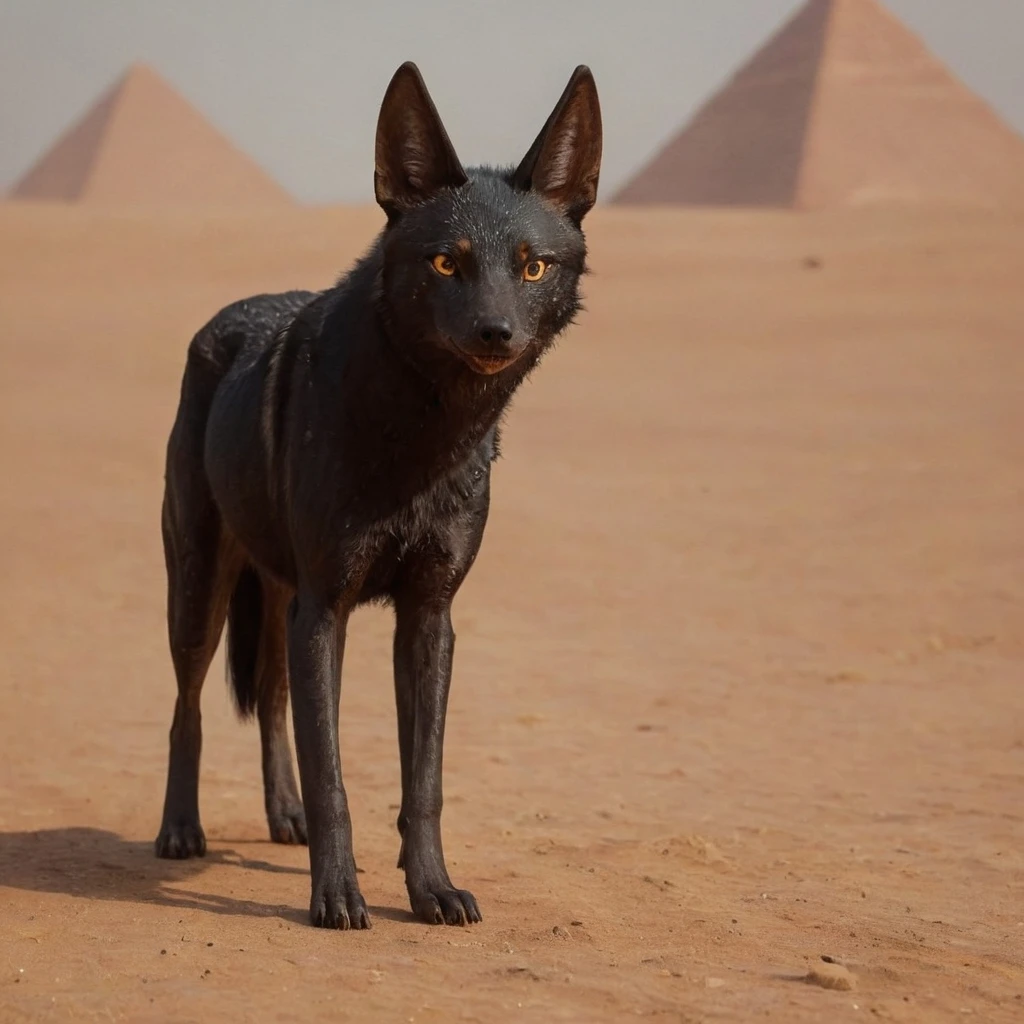Anubis <lora:Anubis shrine:1> black wolf jackal <lora:betterWolf:1> walking in the egyptian desert