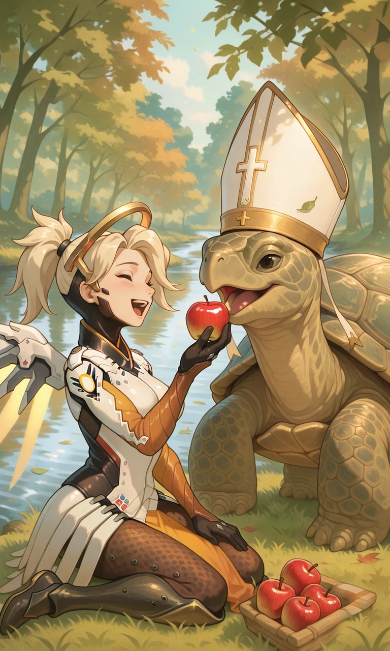 embedding:IllusP0s, turtle pope, mercy_\(overwatch\), 1girl, sitting, laughing, holding apple, feeding, outdoors, grass, river, trees, leaves,<lora:turtle_pope_r1.safetensors:1.0:1.0>