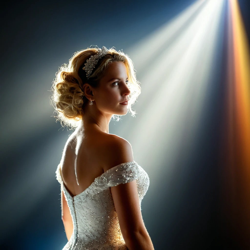 cinematic film still of <lora:volumetric lighting style pony v1:1>
side view, cinematic god rays, crepuscular rays, Sunbeam of a princess style woman in a white dress standing in front of a Volumetric beams of rainbow light shining from background, detailed background, perfect image, perfect body, perfect anatomy, sharp image, detailed image, contrast, Kodak film, high quality photography, cinematic photography style, Volumetric lighting style, Sunbeam style, crepuscular rays style, god rays style, cinematic rays style, solo, blonde hair, hair ornament, gloves, dress, upper body, elbow gloves, white gloves, white dress, blurry, from side, profile, depth of field, blurry background, bare shoulders, curly hair, short hair, flower, hair flower, wedding dress, flat chest, shallow depth of field, vignette, highly detailed, high budget, bokeh, cinemascope, moody, epic, gorgeous, film grain, grainy