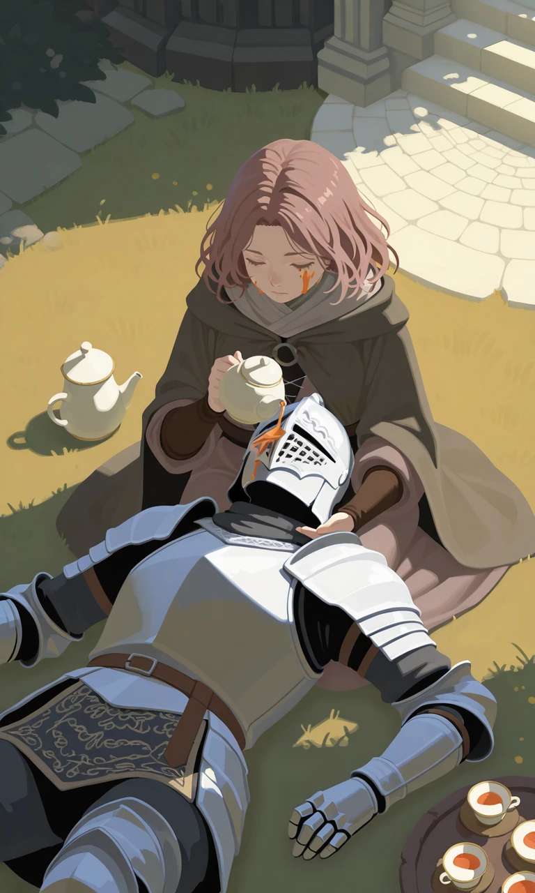 embedding:IllusP0s, g00se, no lineart, 1girl, melina_\(elden ring\), pouring on face, sitting, teapot, female focus, from above, high angle, outdoors, 1boy, knight, laying on lap, helmet,<lora:g00se_v3_ill.safetensors:1.0:1.0>