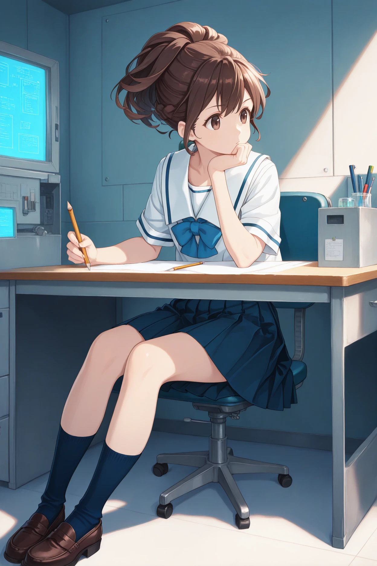 masterpiece, best quality, 1girl, solo, <lora:senomiyaakiho-illu-nvwls-v1-000006:1> snmak, brown hair, short ponytail, brown eyes, white sailor collar, white shirt, short sleeves, blue bowtie, dark blue skirt, pleated skirt, socks, loafers, laboratory, sitting, desk, chair, holding pencil, hand to own chin, thinking
