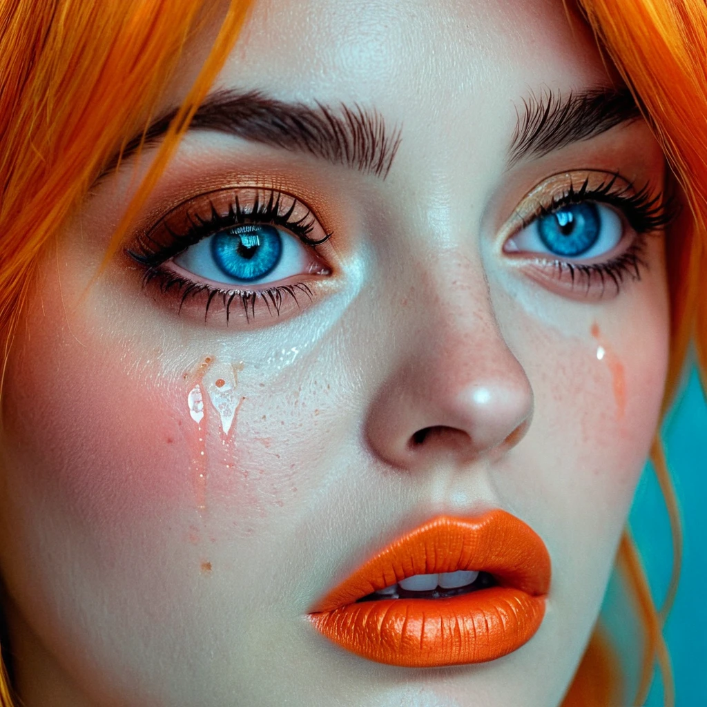 comic book art of <lora:crying pony v1:0.8> cartoon, anime, manga
crying style, eye tears of a woman with big blue eyes and a pink nose, 1girl, solo, looking at viewer, blue eyes, jewelry, earrings, tears, orange hair, makeup, crying, lipstick, close-up, emotional tears, sob, sadness, wrinkly, dramatic movie themed, sharp, detailed, epic cinematic photography, artistic, dramatic light, cinematic color style, Kodak film style, tears style, parody, red lips, comic art, graphic novel illustration