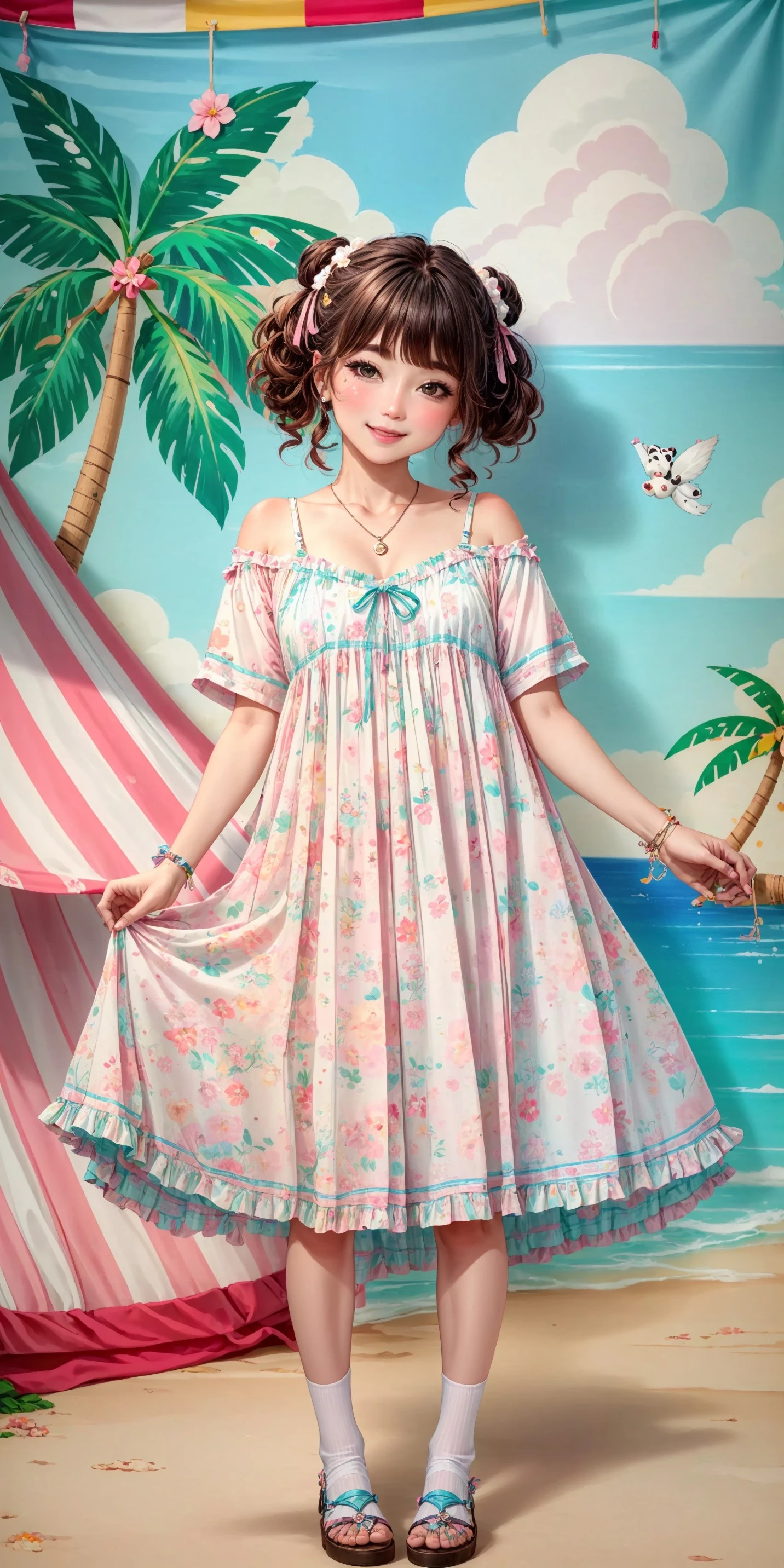 (front facing, facing viewer) 1girl, blush, full face blushing, smile, vertical stripes, colorful red vertical striped overlays, plaid, bright aqua chest ribbon, white lace-trimmed hemline, cute tropical panda print spaghetti straps, frilled spaghetti straps, (cute tropical print on colorful tent_dress), cute tropical panda print, animal print, print dress, oversized clothes, baggy clothes, dress, light pink, aqua, white, and green colorful cute tropical panda print tent_dress, <lora:more_details:0.7>, <lora:scene_:0.5>, <lora:FashionComplexityEnhancerLORAv1:0.4>, <lora:f89224ec-2955-49ca-b410-729821bc6e88:0.6>, <lora:96073874-f082-4683-942e-601cecac5c40:0.3>, <lora:f7d08feb-f21d-42d0-9ef1-a9481867524d:0.3>, <lora:5844635f-c9c3-4f9e-85c4-d0d40f201159:0.3>, <lora:dde4416e-9f24-48d4-a965-d989baea5d73:0.2>, ,
