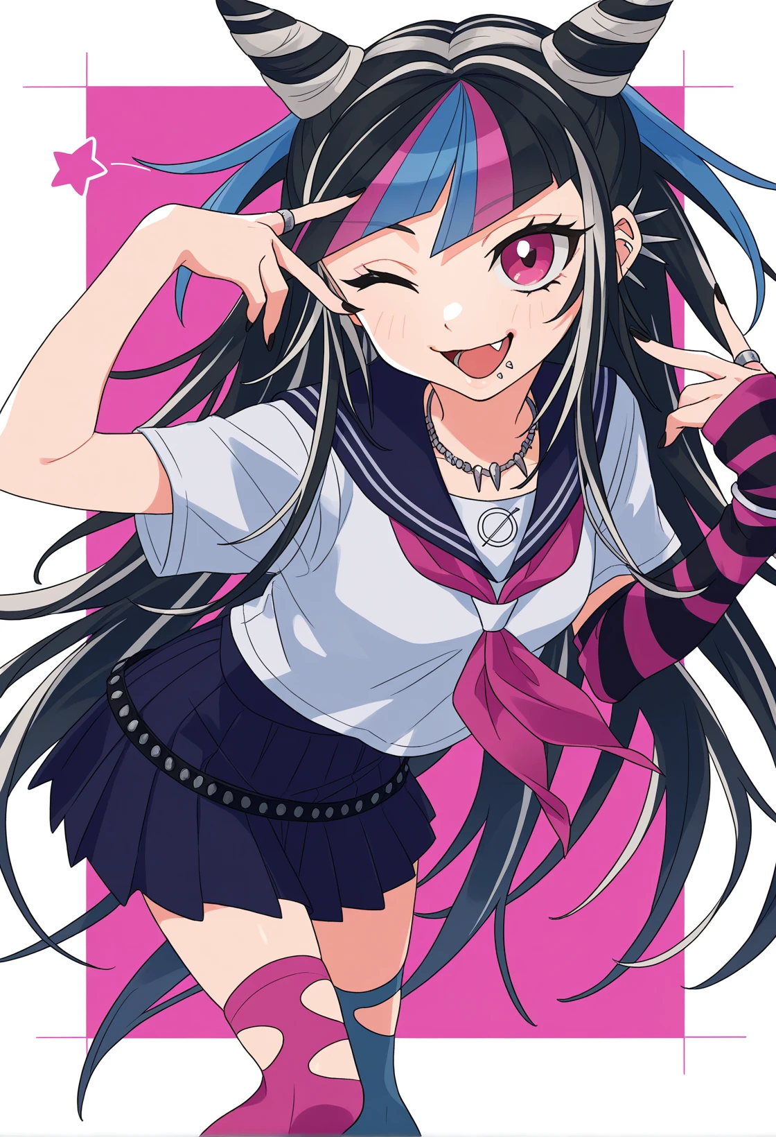 <lora:MCNsZetsuyoM02:1> MCNsZe75uy0M,1girl, mioda ibuki, hair horns, long hair, school uniform, thighhighs, solo, piercing, pink hair, multicolored hair, serafuku, blue hair, one eye closed, black hair, pink eyes, skirt, ear piercing, jewelry, cone hair bun, lip piercing, ring, white hair, necklace, open mouth, scar, stitches, torn clothes, torn thighhighs, hair bun, fang
