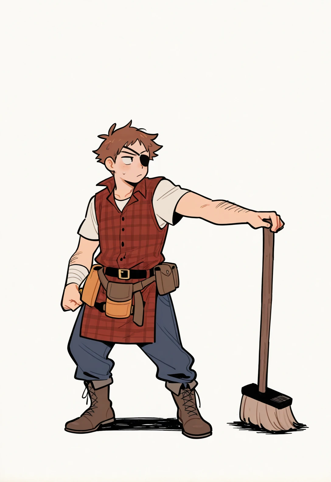 masterpiece, best quality, 1boy, <lora:Left Eye Eyepatch-outfit-illustrious:0.65> leftsydeypat, eyepatch, standing, full body, simple background, white background, lumberjack,