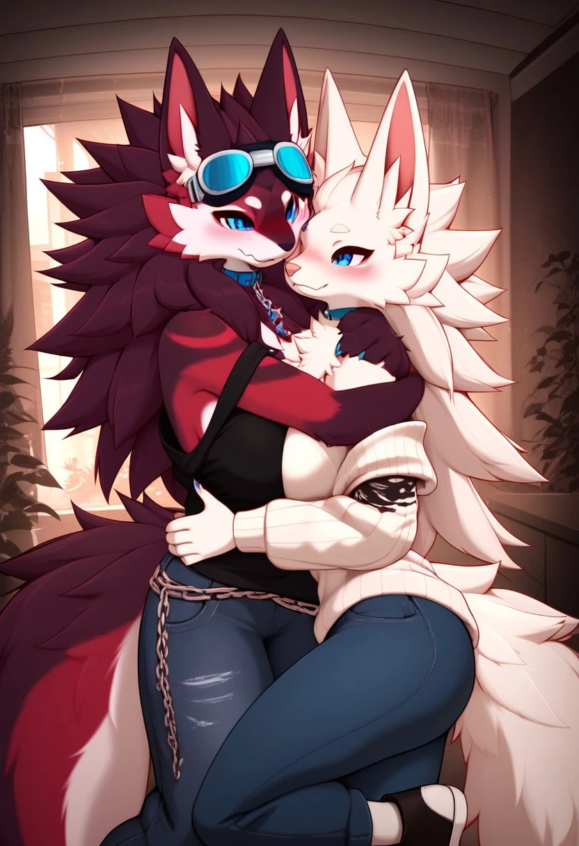 score_9, score_8_up, BREAK, source_anime, uncensored, perfect body, slim, thigh highs, fingerless gloves,
anthro, furry, pose, sexy,
Loona \(Helluva Boss\), NSFW, nude, moaning, back to viewer, head back, anthro male maned wolf with long spiked white hair and black face, highlighter yellow penis, blushing, high detail, passionate sex, dynamic pose, scenery, cum, wet pussy, bending over, from behind, lifting leg, vaginal