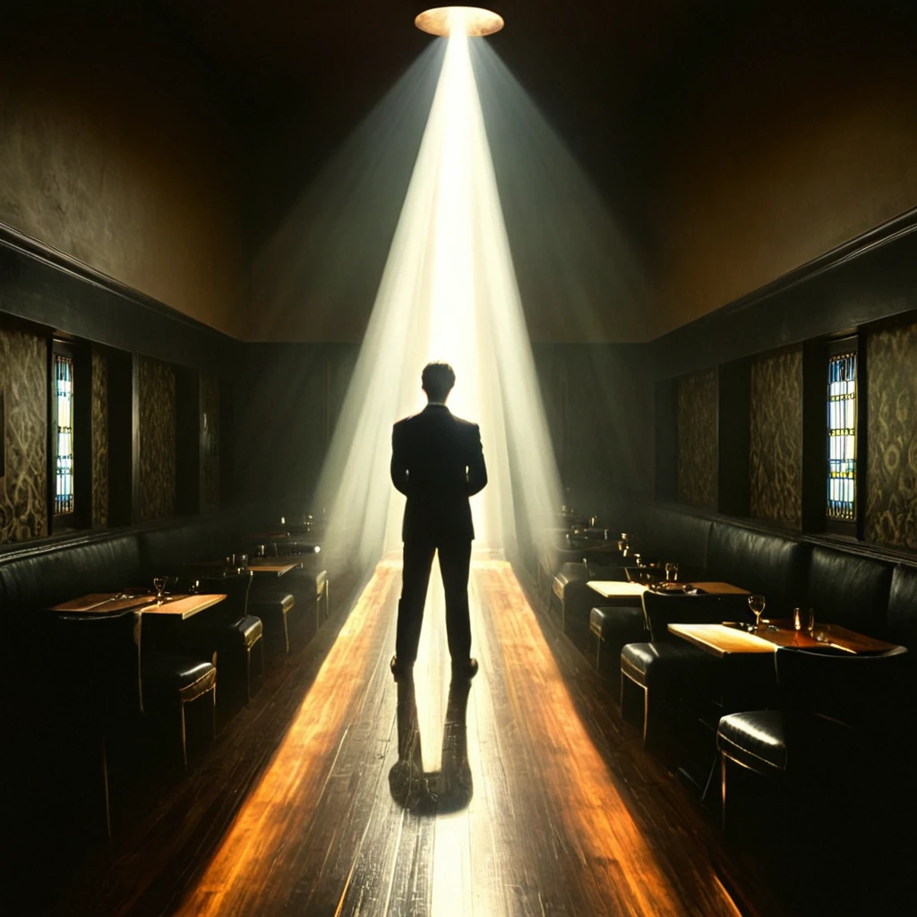1920s commercial illustration of <lora:volumetric lighting style pony v1:1>
cinematic god rays, crepuscular rays beam light on a person from behind standing in a dark restaurant room with a volumetric light beam coming from the ceiling on him, detailed background, perfect image, perfect body, perfect anatomy, sharp image, detailed image, contrast, Kodak film, high quality photography, cinematic photography style, Volumetric lighting style, Sunbeam style, crepuscular rays style, god rays style, cinematic rays style, short hair, sitting, necktie, indoors, cup, chair, formal, table, suit, alcohol, drinking glass, wine glass, bar (place), standing, light, dark, spotlight, shirt, black hair, pants, from behind, solo, white shirt, short sleeves, black pants, instrument, crowd, stage, people
, magazine cover illustration from the 1920's, exaggerated realism, a hint of caricature