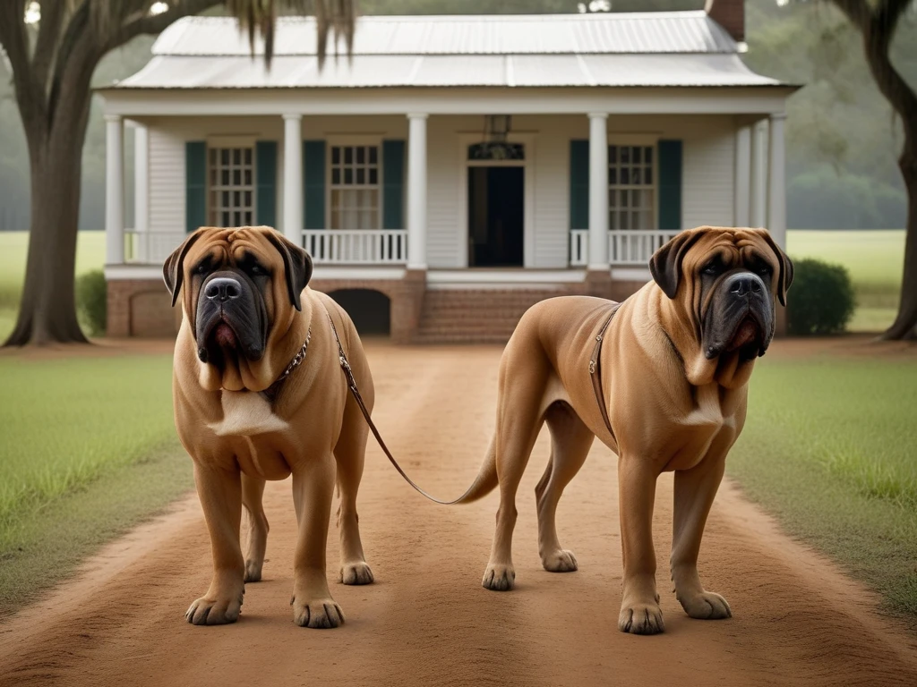 cinematic photo professional detailed photography, A Southern plantation owner stands next to the slave quarters with two fierce mastiffs. break The scene should show a detailed wooden slave quarters, looking worn and crowded. break The plantation owner is a stern-looking man, dressed in period-appropriate Southern gentleman attire. break He stands confidently with two large, fierce mastiffs on leashes. break The mastiffs should appear menacing, with a strong and muscular build, and short fur. break The setting is a sunny day, with the background showing a vast plantation field.
Masterpiece, photorealistic, highly detailed, sharp focus, vintage style, historical accuracy, dynamic scene, dramatic lighting, Southern United States, 1800s, realistic proportions, plantation life, powerful stance, strong emotional impact, intensity. negative: no people, empty scene, modern elements, futuristic details, soft lighting, blurry, out of focus, unrealistic proportions, friendly dogs, casual attire, contemporary buildings, peaceful scene, abstract art., maximum details, natural skin texture, hyperrealism, soft light, muted colors, art by angus mckie, (muted colors, dim colors, soothing tones), (vsco:0.3) . 35mm photograph, film, bokeh, professional, 4k, highly detailed