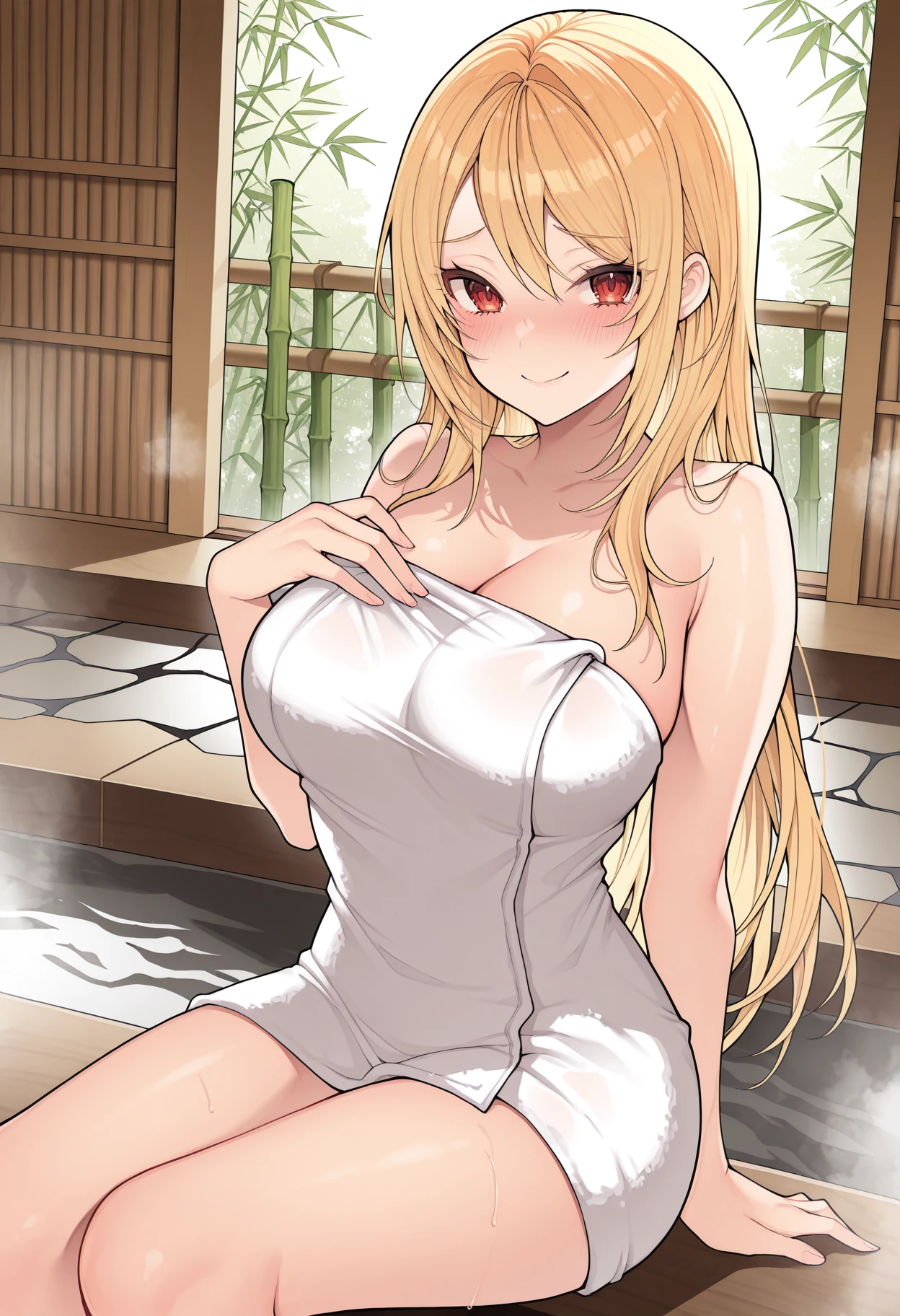 (anime cels style, Masterpiece, best quality, high resolution, anime colored, megami magazine:1.2, anime poster style, anime keyvisual, sharp, 8k, photorealistic), (beautiful eyes:1.5), reiko_aiwaifu, 1girl, cute, blond hair, long hair, sagging huge breast, (beautiful nude), (Towel over breasts:1.5), (cowboy shot, sitting), (perfect detailed anatomy, perfect arms, perfect fingers, beautiful face, perfect body, shiny skin), onsen,