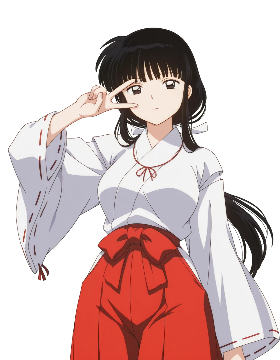 masterpiece, best quality, amazing quality,, <lora:inuyasha-kikyou-anime-illustriousxl-lora-nochekaiser:1>, kikyou, long hair, black hair, brown eyes, sidelocks, himecut, mature female, medium breasts, anime screencap, skirt, long sleeves, japanese clothes, hakama, hakama skirt, miko, red hakama,, v, v over eyes,, runway, landing, lights, speed, takeoff, cowboy shot, solo, looking at viewer, <lora:transparent-background-illustriousxl-lora-nochekaiser:1>, transparent background, simple background, white background