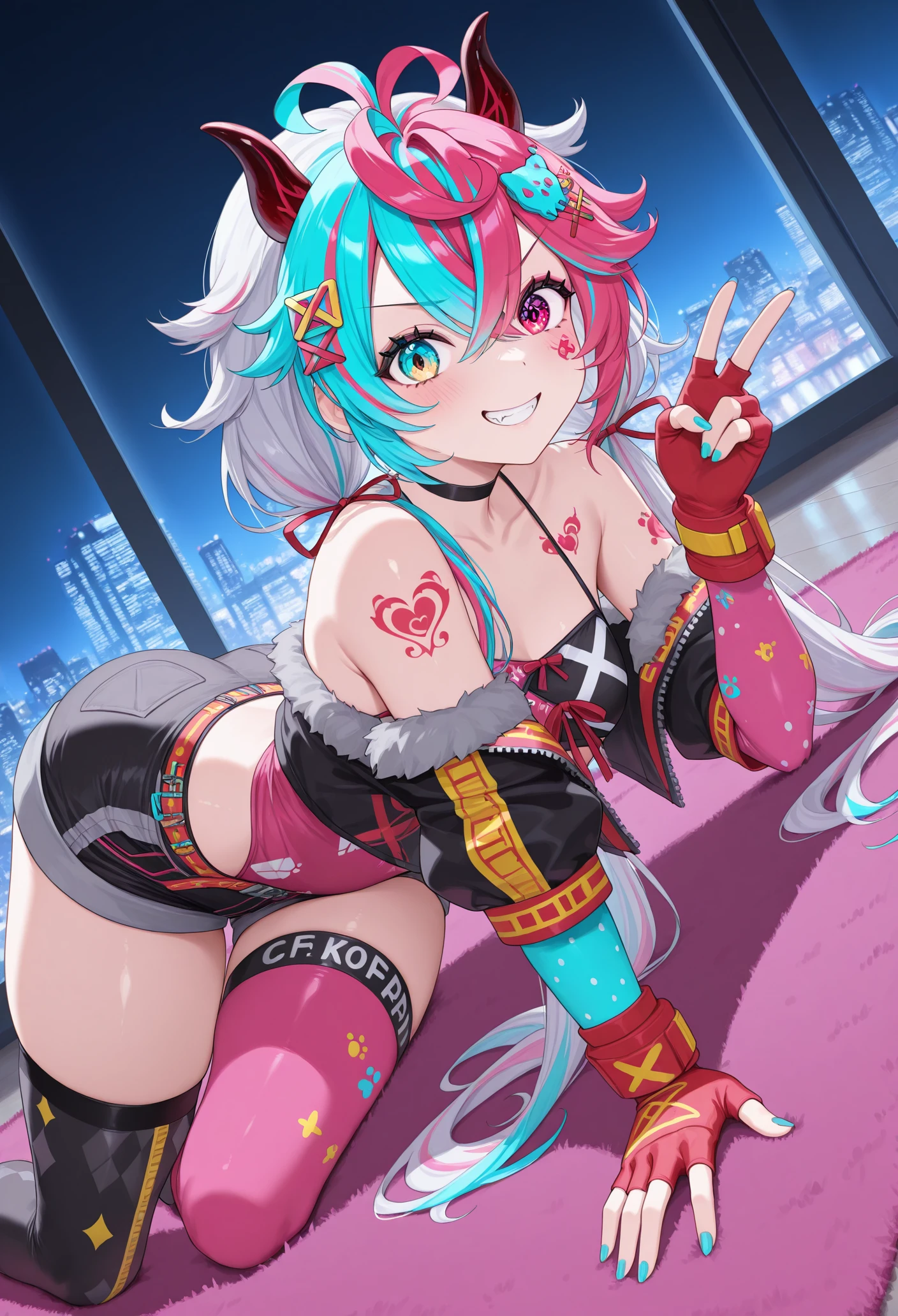 Best Quality, High resolution, distinct image, 8K,masuter piece、overknee socks、sneakers、NSFW,ssmile、Cam Drink、Inside the Ferris wheel at night,face view、Rabbit ear headband、