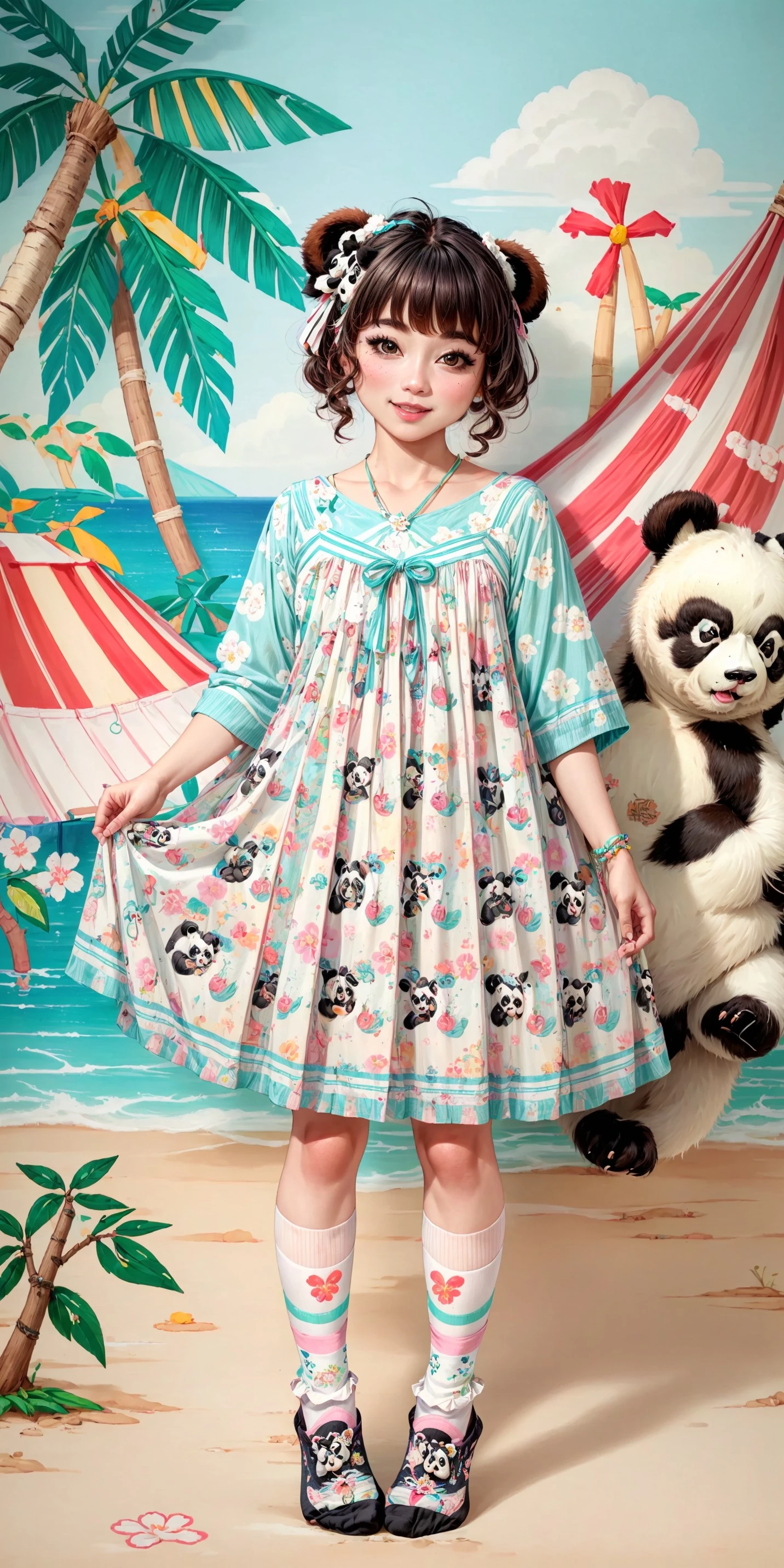 (front facing, facing viewer) 1girl, blush, full face blushing, smile, light pink aqua white and green colorful cute tropical panda print tent_dress, dress, multicolored_clothes, baggy clothes, oversized clothes, print dress, animal print, cute tropical panda print, ((cute tropical panda print on colorful tent_dress, panda print, bear print : 1.2)), frilled spaghetti straps, cute tropical panda print spaghetti straps, white lace-trimmed hemline, bright aqua chest ribbon, plaid, colorful red vertical striped overlays, vertical stripes, ((panda print socks, panda bear print on socks : 1.2)), <lora:more_details:0.7>, <lora:scene_:0.5>, <lora:FashionComplexityEnhancerLORAv1:0.4>, <lora:f89224ec-2955-49ca-b410-729821bc6e88:0.6>, <lora:96073874-f082-4683-942e-601cecac5c40:0.3>, <lora:f7d08feb-f21d-42d0-9ef1-a9481867524d:0.3>, <lora:5844635f-c9c3-4f9e-85c4-d0d40f201159:0.3>, <lora:dde4416e-9f24-48d4-a965-d989baea5d73:0.2>, ,