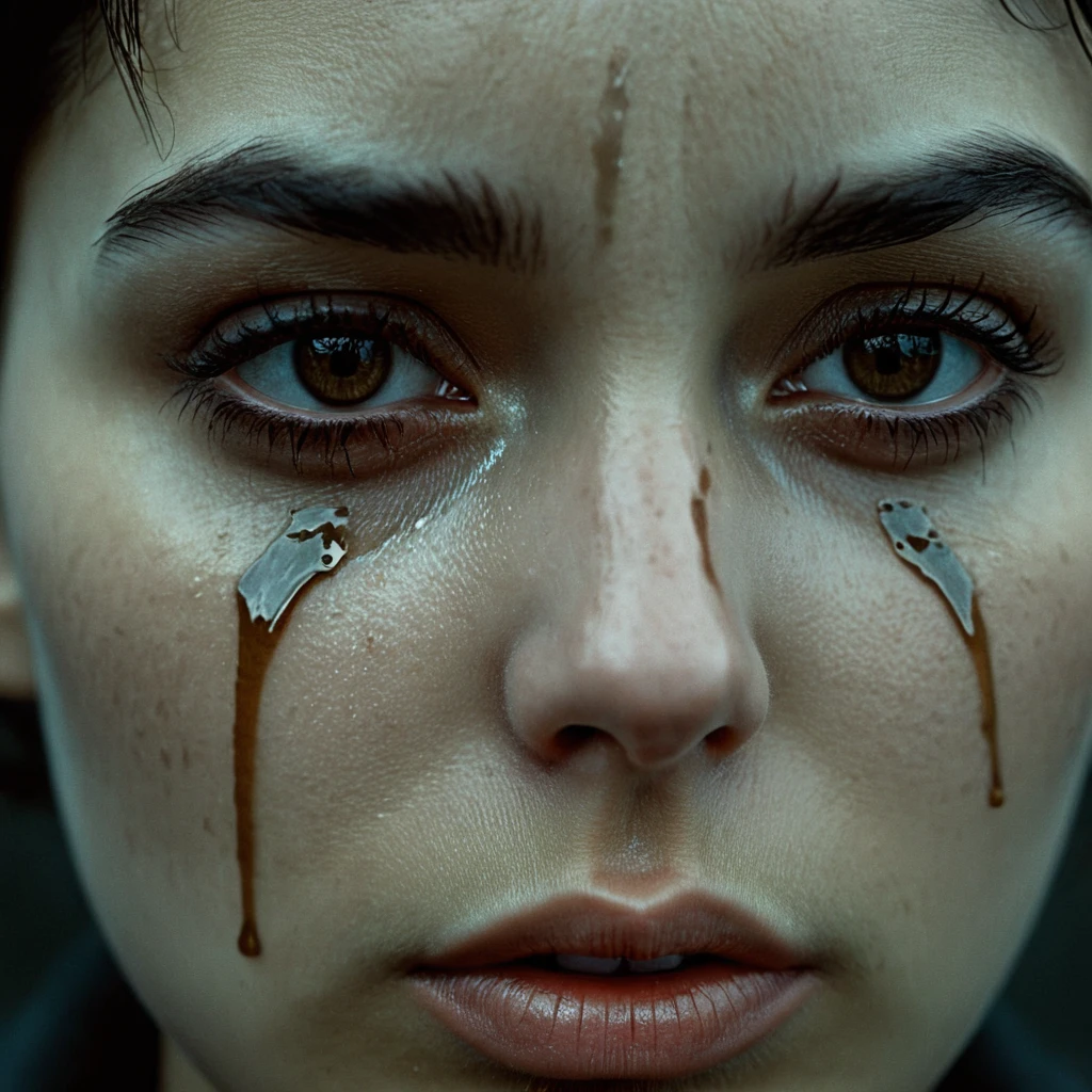 Dystopian style,  <lora:crying pony v1:1>
crying style, eye tears of a woman with a teary expression on her face, solo, looking at viewer, simple background, black hair, 1boy, male focus, tears, black eyes, scar, crying, portrait, crying with eyes open, realistic, emotional tears, sob, sadness, wrinkly, dramatic movie themed, sharp, detailed, epic cinematic photography, artistic, dramatic light, cinematic color style, Kodak film style, tears style, short hair, brown eyes, symbol-shaped pupils, lips, close-up, eye reflection, Bleak, post-apocalyptic, somber, dramatic, highly detailed