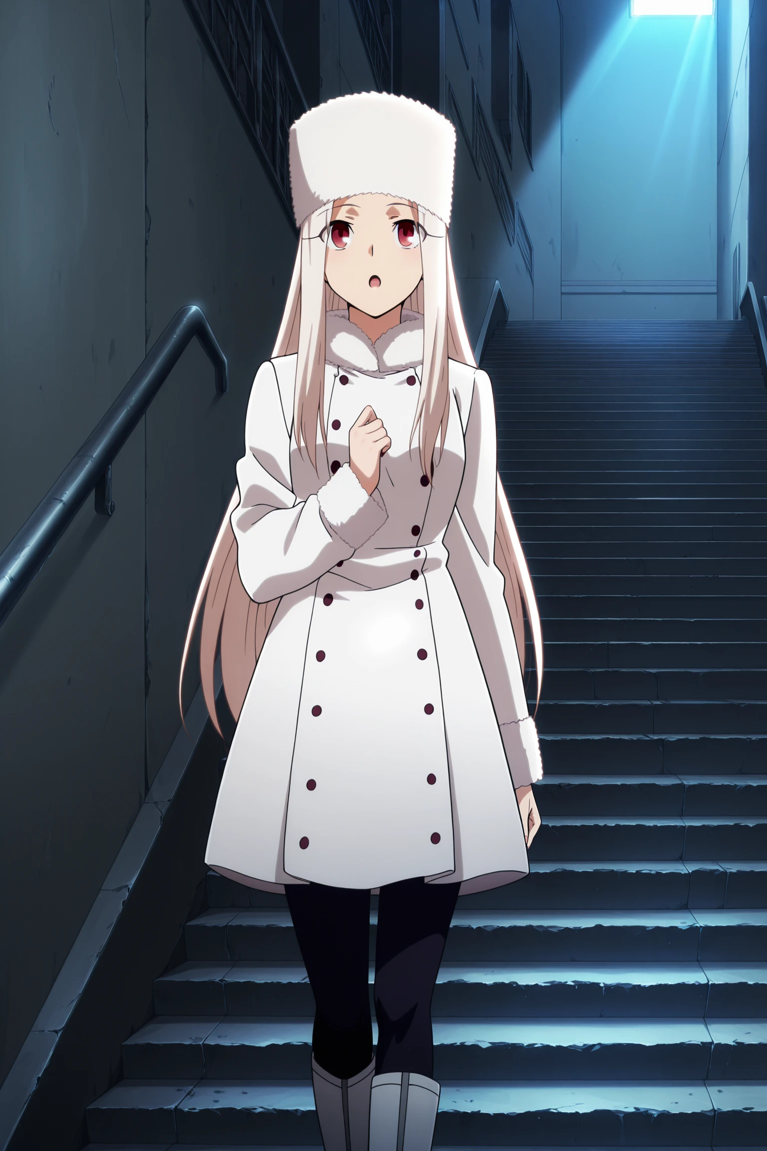 anime screencap, anime coloring, detailed face, masterpiece, best quality, very aesthetic, absurdres, volumetric lighting, official style, amazing quality, ultra detailed, highres, amazing quality, scenery, beautiful detailed hair, beautiful detailed eyes,
<lora:StS-Illustrious-Detail-Slider-v1.0:4>
<lora:Irisviel_von_Einzbern_FateZero_-_Illustrious_V2:1>
Irisviel von Einzberg (character), 1girl, solo, stairs, irisviel von einzbern, long hair, hat, coat, red eyes, white hair, fur hat, white coat, white headwear, boots, long sleeves, pantyhose, :O