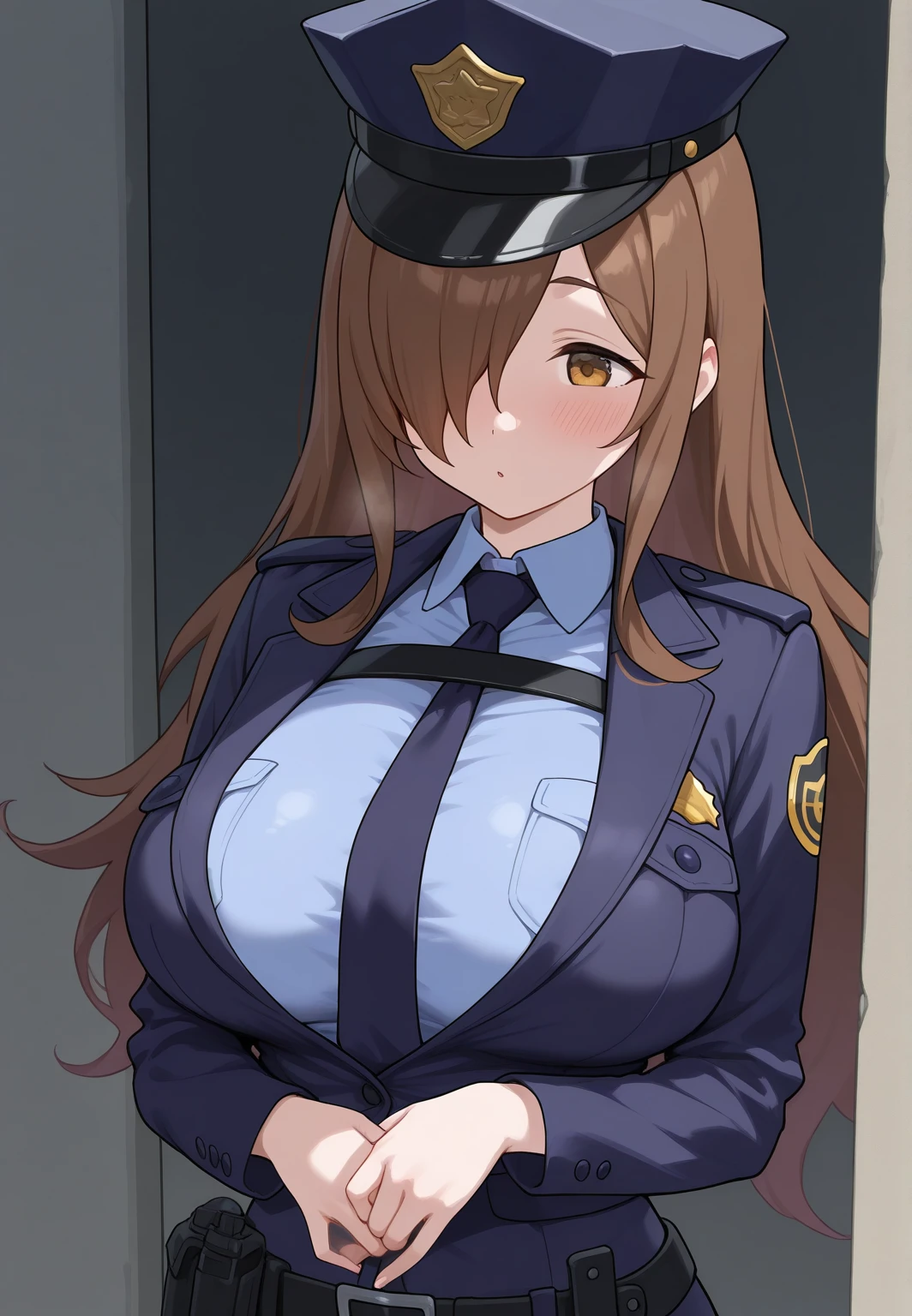 (masterpiece, best quality:1.4),lighting, police, pantyhose, (boobs big 1.2) ,high heels,police woman, leather police uniform, police hat, pissed off, mini skirt