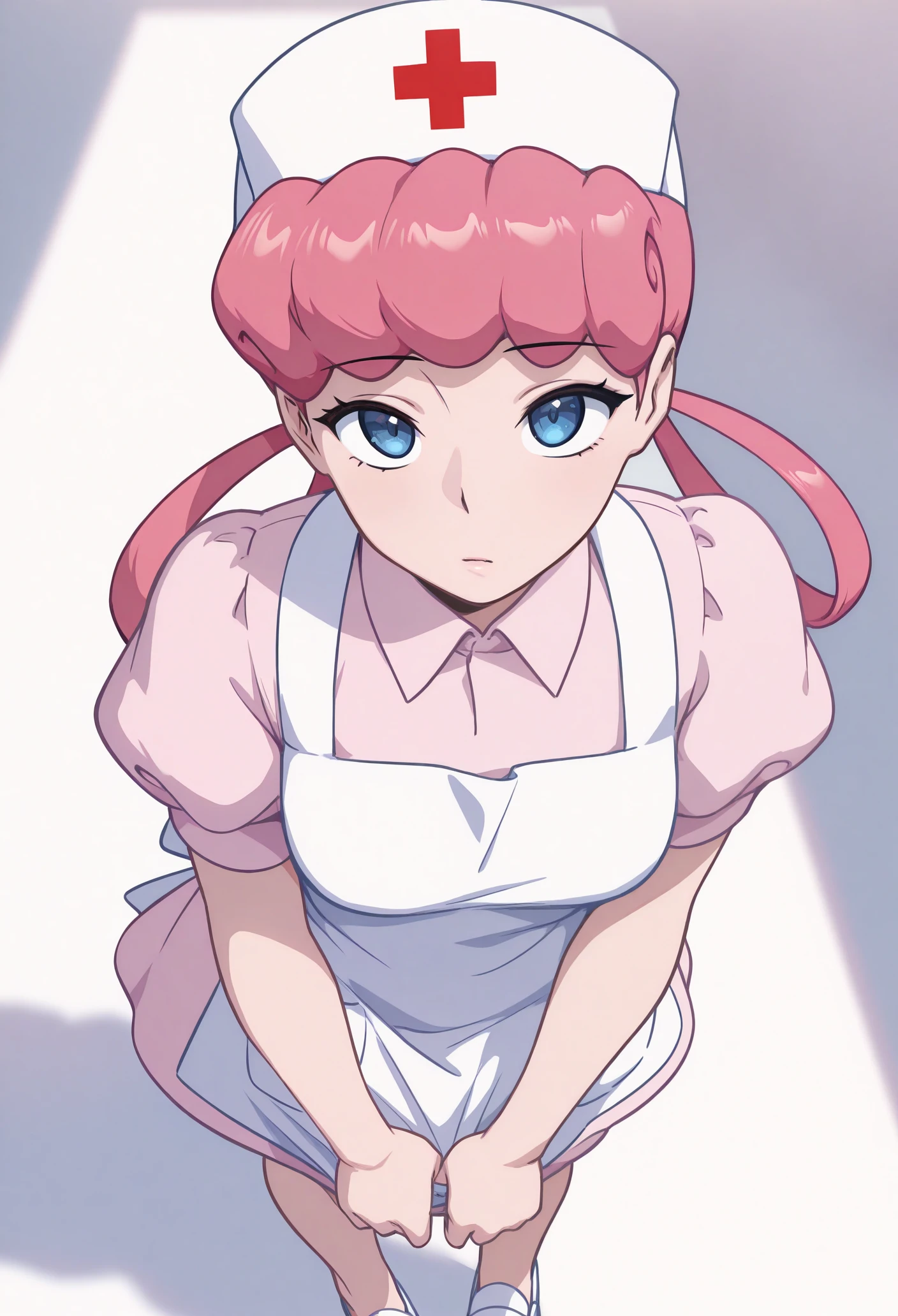 1girl, solo,
blue eyes, pink hair, hair rings, long hair, white hat, white apron, collared dress, short dress, pink dress, puffy short sleeves, white footwear,
masterpiece, best quality, <lora:studygroup-guy90-Illust-Lorav101:1>, puouts, <lora:Hoseki_Pokemon_NurseJoy_IllustriousXL_v1:1>, j0y