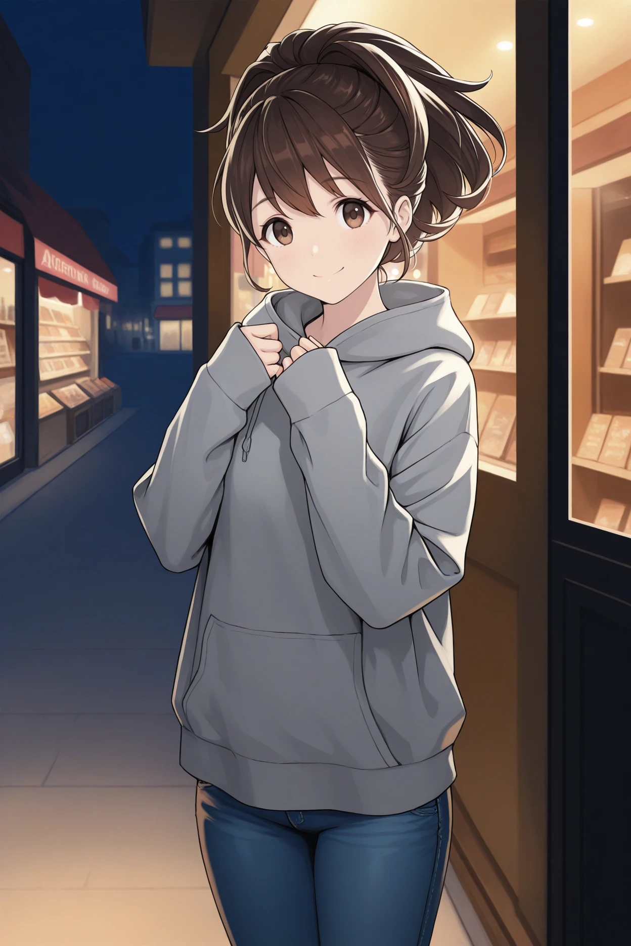 masterpiece, best quality, 1girl, solo, <lora:senomiyaakiho-illu-nvwls-v1-000006:1> snmak, brown hair, short ponytail, brown eyes, grey hoodie, sleeves past wrists, jeans, looking at viewer, night, storefront, smile, hands up