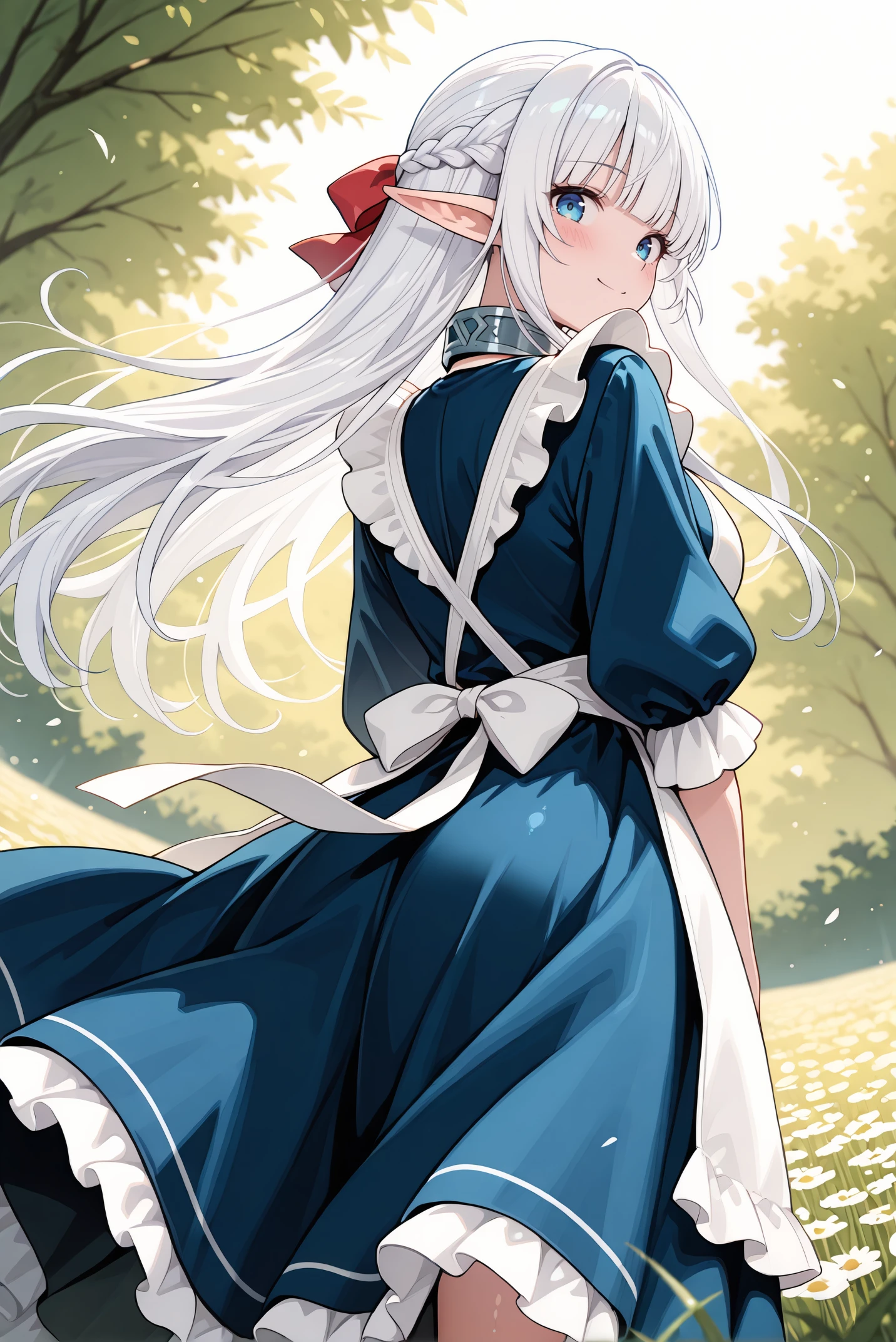 masterpiece, best quality, very aesthetic, absurdres, ultra-detailed, highly detailed, cowboy shot, shiny skin, wind lift, from below, blush, (long dress:1.2), from behind, looking back,
meadow, wind, outdoors, smile, looking at viewer, standing,
<lora:Nephelia-08:1> nephelia, 1girl, long hair, white hair, braid, pointy ears, french braid, elf, blue eyes, ribbon, apron, sidelocks, dress, bow, hair ribbon, maid, hair bow, frills, blunt bangs, blue dress, white apron, collar, red bow, metal collar,
<lora:illustrious_noobai_epsilon_pred_11_very_aesthetic_v1_1029791:1>
(lazypos:0.7)