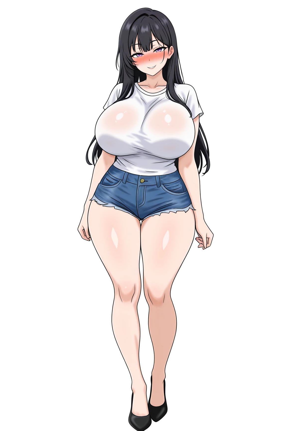 masterpiece, best quality, ((pure white background)), sitting, (dark blue hair) ,seducing face, full body, denim pants , black t shirt , (((Fashionable clothing))), happy, light effect, soft, super clear, high-definition picture, (front), purple eyes, blunt bangs, hinata/(boruto/), long hair, medium breast, cleavage , very big breasts , sexy pose