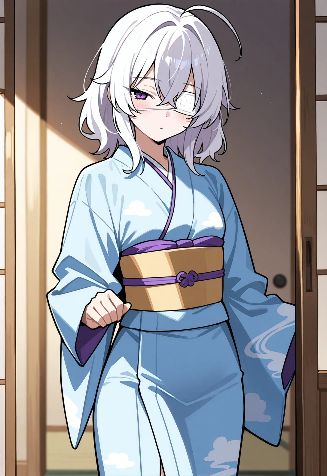 masterpiece, best quality, 1girl, white hair, medium hair, purple eye, crossed bangs, small breasts, facing viewer, hair between eyes, tsurime, aged up, medical_eyepatch, woman, ahoge, half-closed eye, looking at viewer, standing, facing viewer, japanese clothes, blue clothes, kimono, <lora:Left Eye Eyepatch-outfit-illustrious:0.65> leftsydeypat, eyepatch,