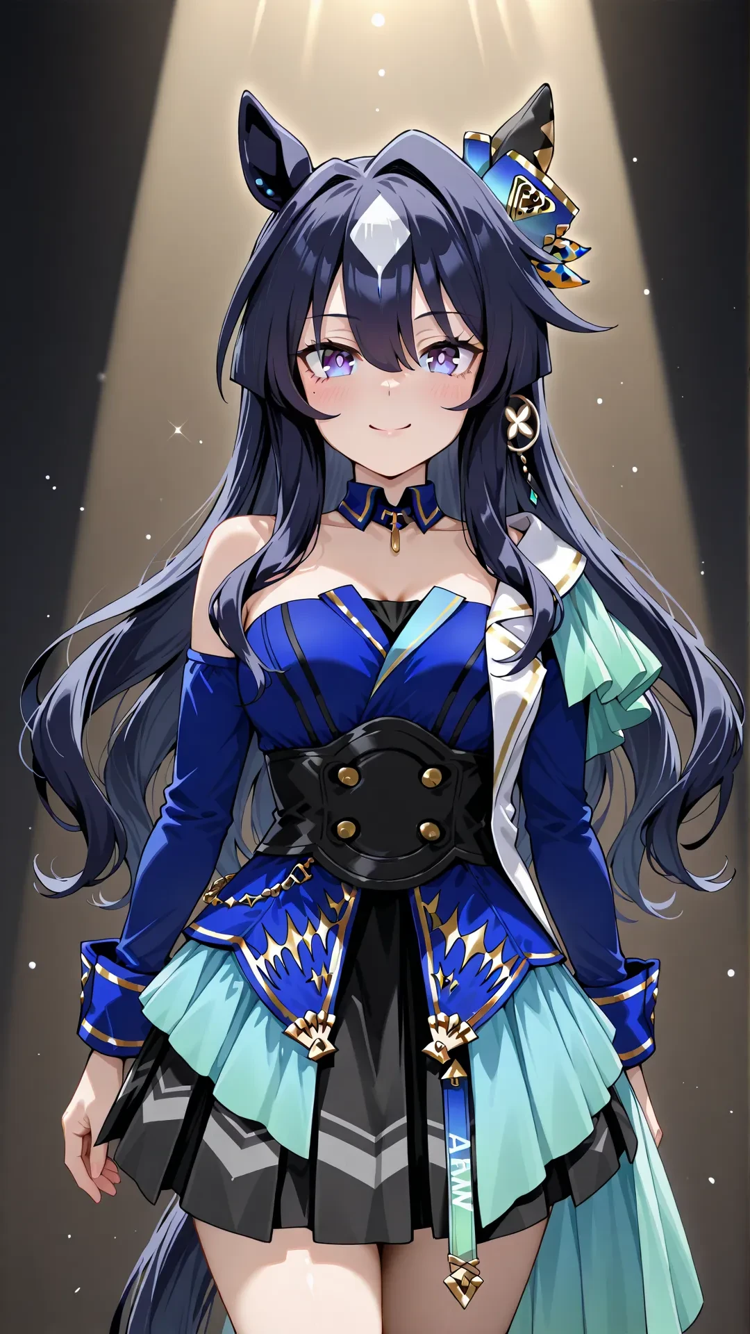 verxina \(umamusume\),large breasts,horse ears,animal ears,horse girl,long hair,hair between eyes,dark blue hair,mole under eye,purple eyes,horse tail,blue eyes,
bare shoulders,blue dress,multicolored dress,dress,long sleeve,neck ring,black corset,
<lora:Verxina:0.8>,
cowboy shot,spotlight,smile,looking at viewer,