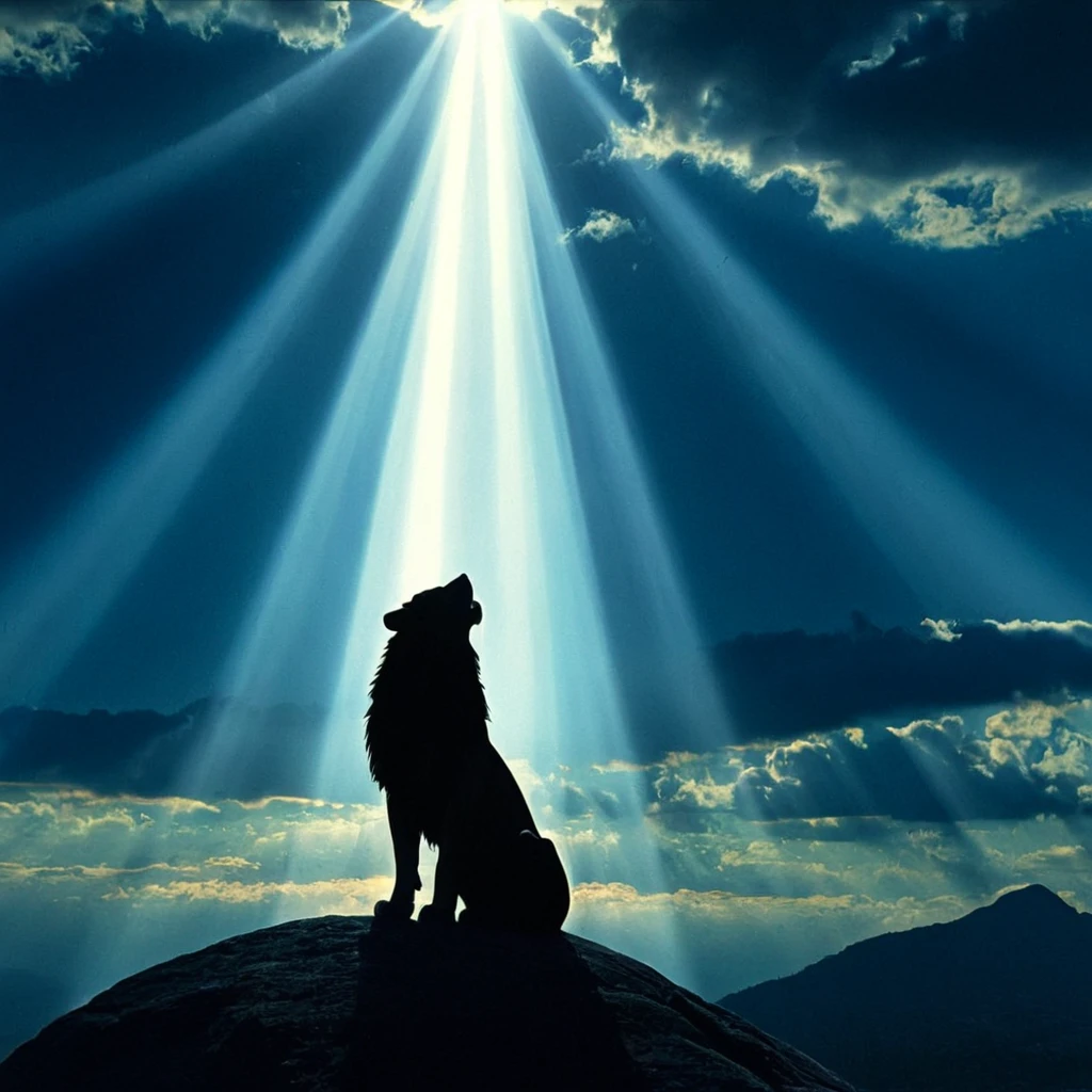 1920s commercial illustration of <lora:volumetric lighting style pony v1:1>
cinematic god rays, crepuscular rays, Sunbeam of a silhouetted lion is standing in the dark with a cloudy blue sky and Volumetric rays of light shining in background, detailed background, perfect image, perfect body, perfect anatomy, sharp image, detailed image, contrast, Kodak film, high quality photography, cinematic photography style, Volumetric lighting style, Sunbeam style, crepuscular rays style, god rays style, cinematic rays style, monochrome, outdoors, sky, cloud, night, cloudy sky, scenery, blue theme, mountain, silhouette, dark, no humans, sunlight, light rays, blue sky, night sky, magazine cover illustration from the 1920's, exaggerated realism, a hint of caricature