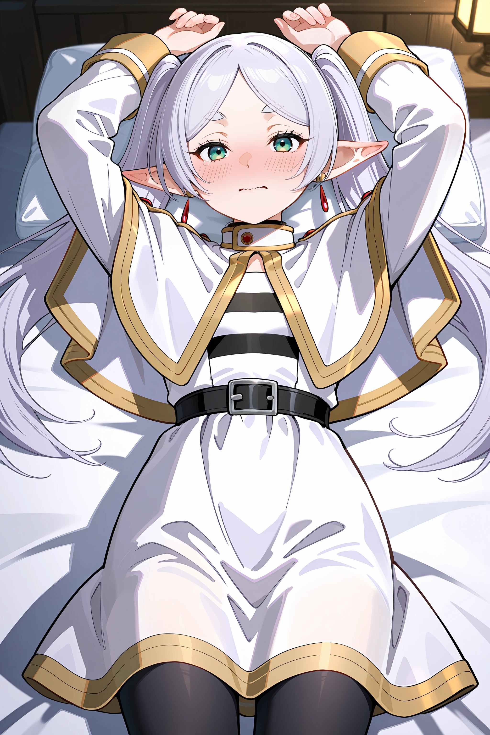 1girl, frieren, solo, twintails, earrings, black pantyhose, black belt, capelet, white skirt set, striped shirt, white jacket, lying on bed, cowboy shot, embarrassed, blush, wavy mouth, looking at viewer, arms up <lora:Char-Frieren-IL-V1:0.8:hr=0.6>, (kanzaki hiro, konya karasue, mika pikazo, rella:0.6)
masterpiece, best quality, amazing quality, very aesthetic, absurdres, newest, (scenery, volumetric lighting), ray tracing, (bloom:1.4), cinematic