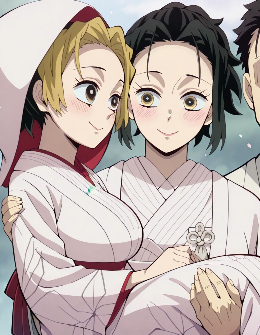 masterpiece, best quality, amazing quality,, <lora:kny-makio-s2-illustriousxl-lora-nochekaiser:1>, makio, makio (kimetsu no yaiba), blonde hair, black hair, brown eyes, yellow eyes, ponytail, multicolored hair, two-tone hair, mature female, breasts, anime screencap, <lora:uchikake-illustriousxl-lora-nochekaiser:1>, uchikake, wataboushi, shiromuku, white kimono, hooded kimono, bride, japanese clothes, hood,, <lora:princess-carry-illustriousxl-lora-nochekaiser:1>, princess carry, hetero, carrying, looking at another, smile, blush,, <lora:loid-forger-anime-illustriousxl-lora-nochekaiser:1>, loid forger, twilight (spy x family), short hair, bangs, blonde hair,no eyes, 1boy,
