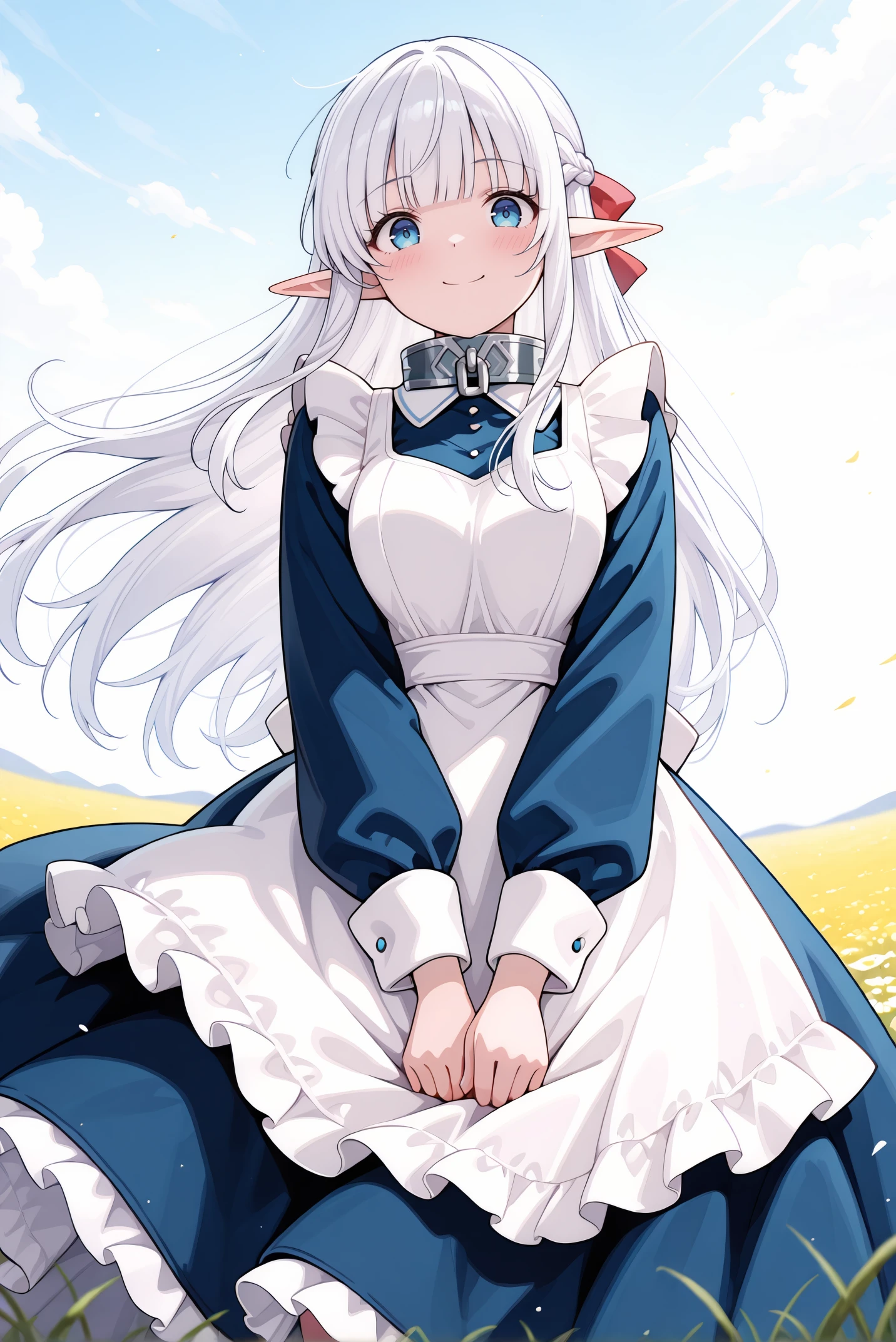 masterpiece, best quality, very aesthetic, absurdres, ultra-detailed, highly detailed, cowboy shot, shiny skin, wind lift, from below, blush, (long dress:1.2), frilled dress, dress tug,
meadow, wind, outdoors, smile, looking at viewer, standing,
<lora:Nephelia-08:1> nephelia, 1girl, long hair, white hair, braid, pointy ears, french braid, elf, blue eyes, ribbon, apron, sidelocks, dress, bow, hair ribbon, maid, hair bow, frills, blunt bangs, blue dress, white apron, collar, red bow, metal collar,
<lora:illustrious_noobai_epsilon_pred_11_very_aesthetic_v1_1029791:1>
(lazypos:0.7)