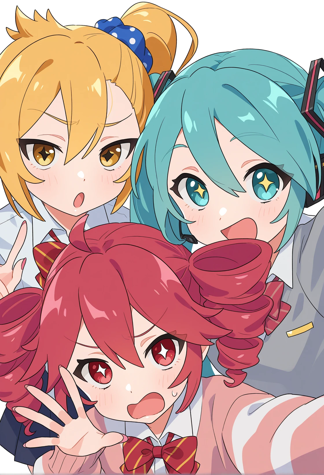 <lora:MCNsZetsuyoM02:1> MCNsZe75uy0M,3girls, akita neru, hatsune miku, kasane teto,+_+, antenna hair, blonde hair, blush, bow, bowtie, collared shirt, hair between eyes, long hair, open mouth, pink nails, pink sweater, red bow, red bowtie, red eyes, red hair, shirt, side ponytail, reaching towards viewer, selfie,looking at viewer, striped bow, striped bowtie, striped clothes, sweater, upper body, very long hair, white shirt, yellow eyes,