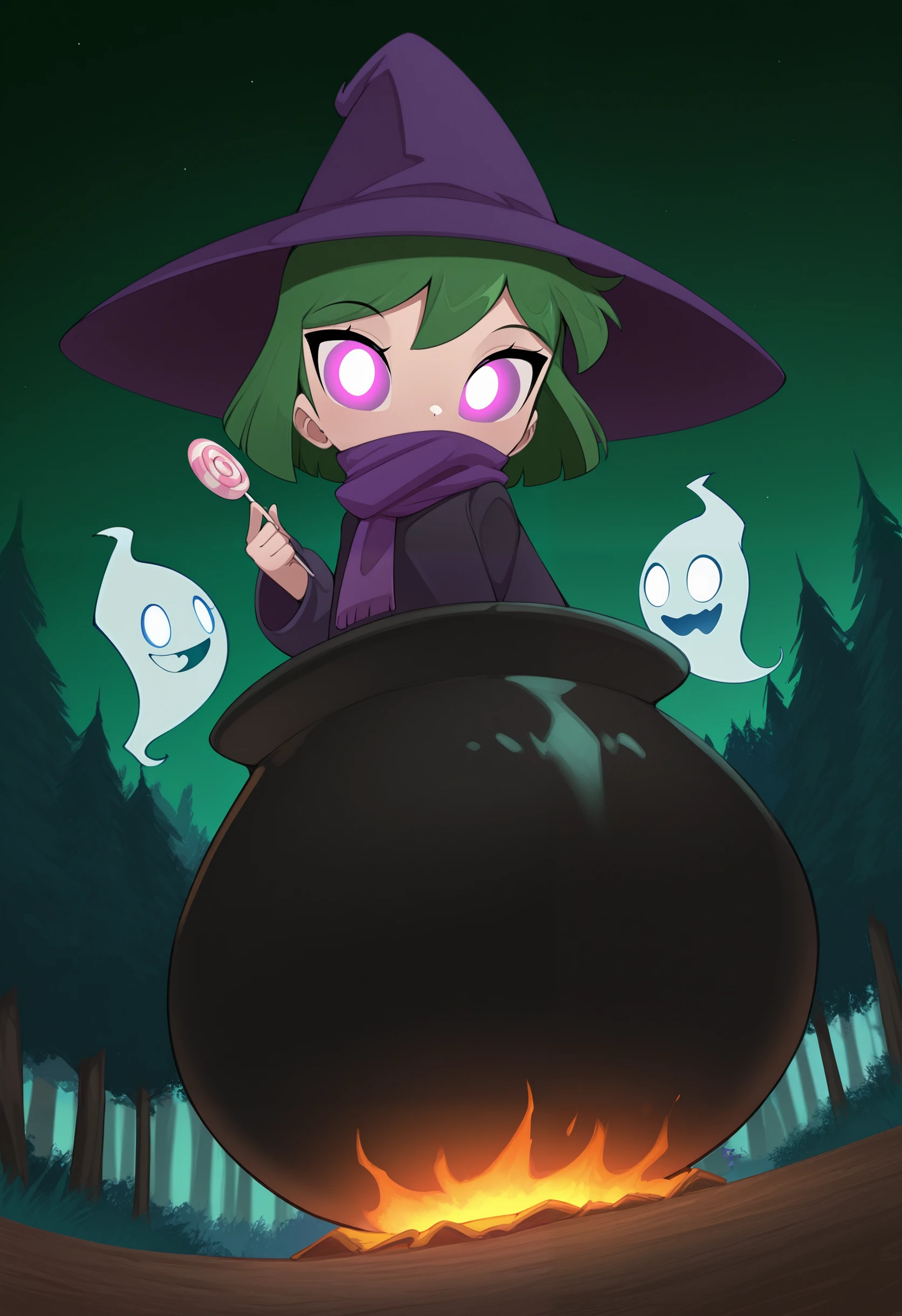 masterpiece,best quality,absurdres,highres,scenery,
bleedman style, toon (style),
1girl, solo, purple hat, witch hat, purple rob, bubbling cauldron, cabin, forest, trees, dark green sky, ^_^ , purple eyes, glowing eyes, scarf over mouth, happy, green hair, short hair, holding candy, standing, ghost,