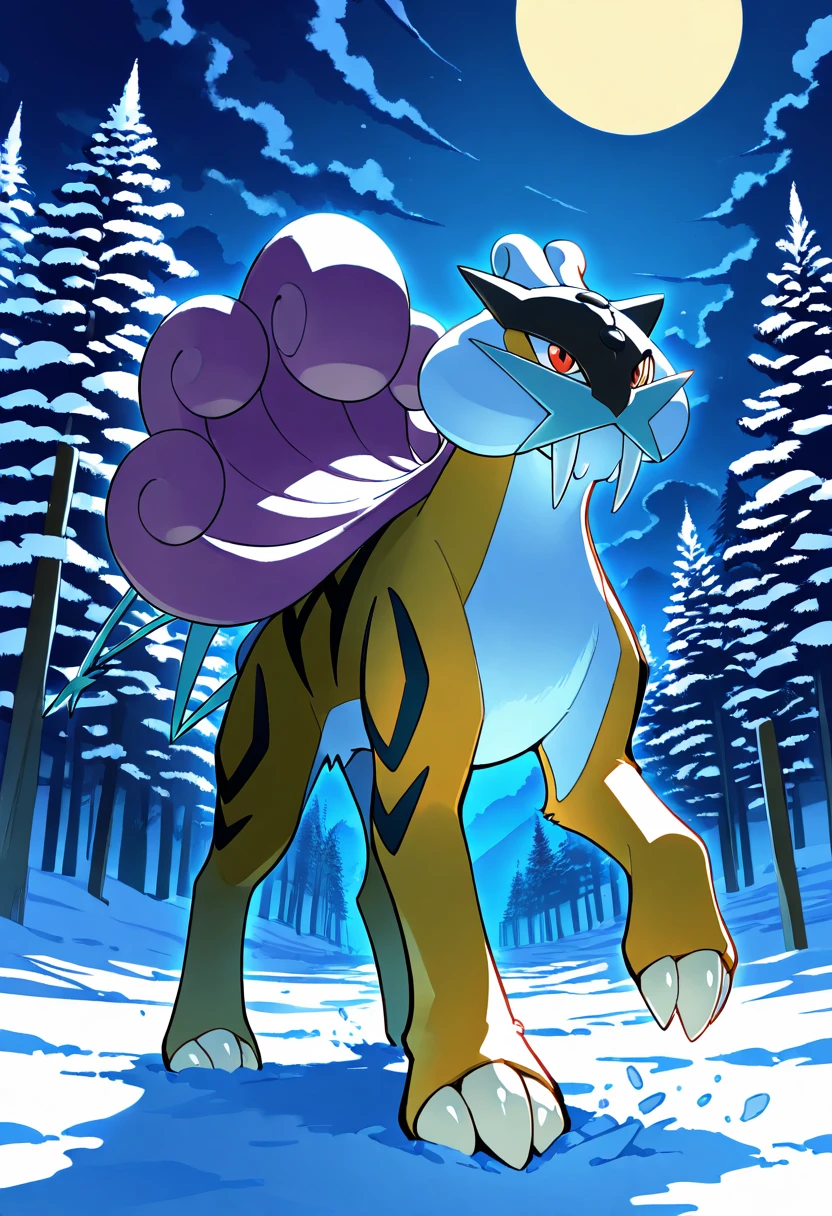 masterpiece, best quality, zzRaikou, red eyes, closed mouth, full body, no humans, fangs, claws, tusks, night, snow, ,<lora:RaikouPokedex_IXL_v1:1.0>,
