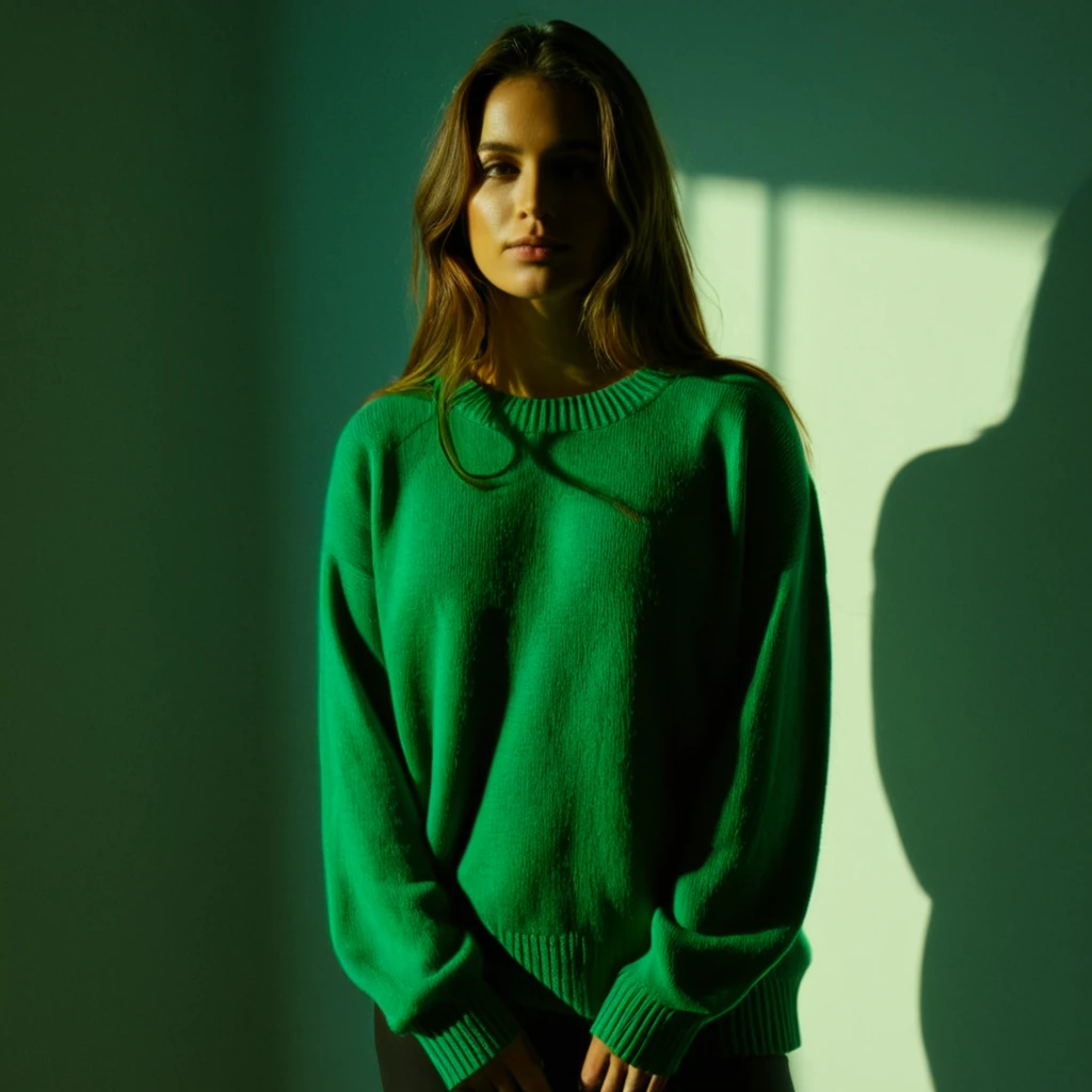 UHD, 4k, ultra detailed, cinematic, a photograph of <lora:Split Lighting style illu v1:1>
partially covered in shadow a woman in a green sweater poses for a picture, split light, epic, beautiful lighting, inpsiring