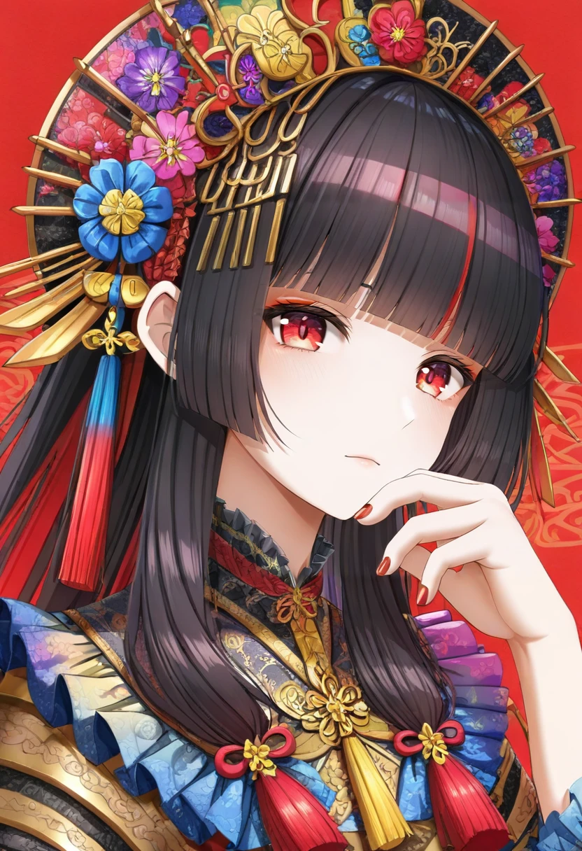 1girl,solo,red nails,looking at viewer,bangs,red eyes,long hair,nail polish,black hair,hair ornament,hand up,flower,blunt bangs,closed mouth,tassel,ribbon,portrait,colorful,red background,frills,multicolored hair,upper body,fingernails <lora:casinoepXL_il_lokr_V6311P:0.95>