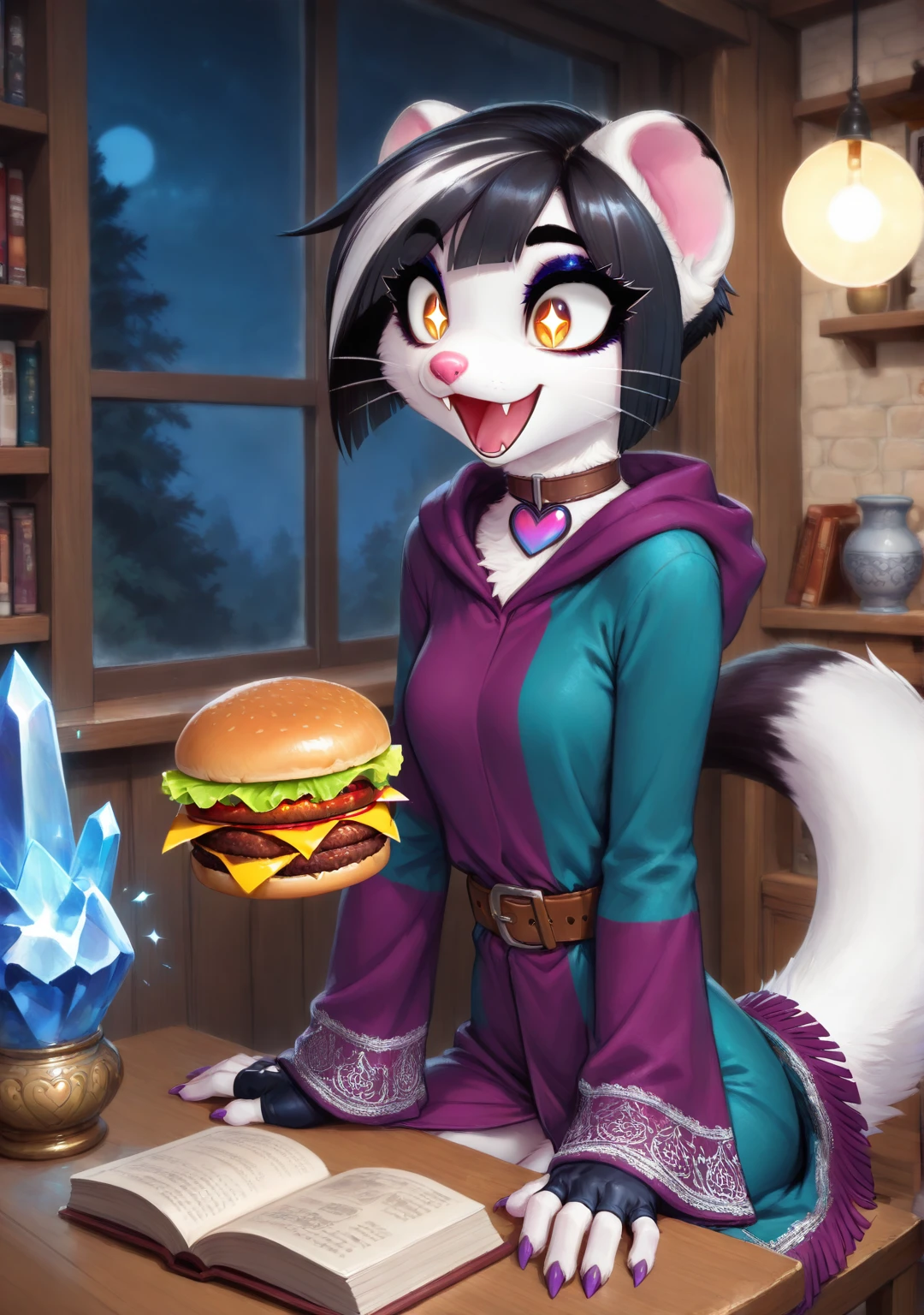 masterpiece,best quality,amazing quality, smari4, 1girl, solo, furry female, pink nose, whiskers, shiny hair, white fur, amber eyes, eyeshadow, eyeliner, thick eyebrows, (very short hair, fringe bangs, black hair, streaked hair, white streaks), white body fur, body fur, black ear tips, (weasel tail, white tail, black tail tip), heart choker, paws, small claws, purple claws, skinny, narrow waist, (hooded robe, multicolor robe, embroidered, long sleeves, brown belt), fingerless gloves, :d, fangs, sparkling eyes, wide eyed, indoors, magic crystal, burger, sitting, hands on table, shelves, books, urn, hanging light, night, window, dark skies