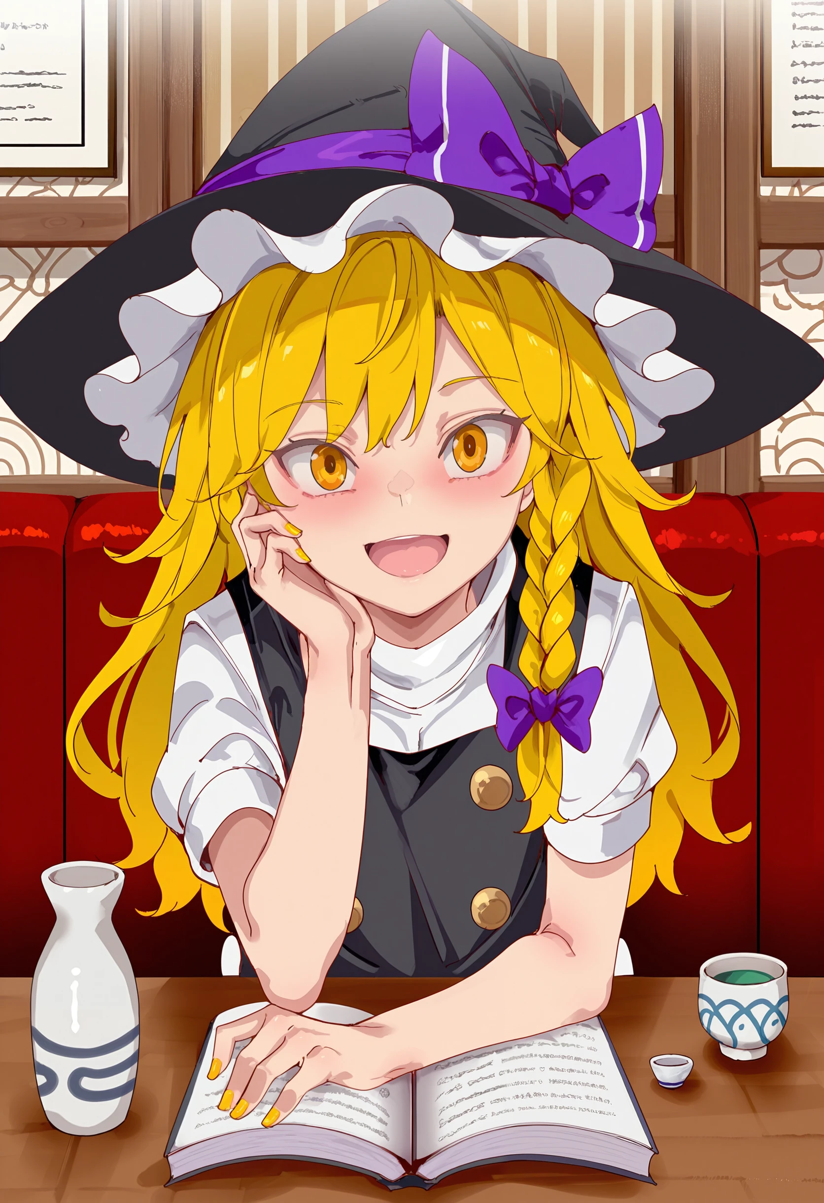 (masterpiece, high quality), 1girl, solo, (eating ramen), kirisame marisa, witch hat, hat bow, black vest, white sleeves, sleeves past fingers, blonde hair, short hair, black eyes, :3, yuh, <lora:yuh03:0.9:INS,MIDD>