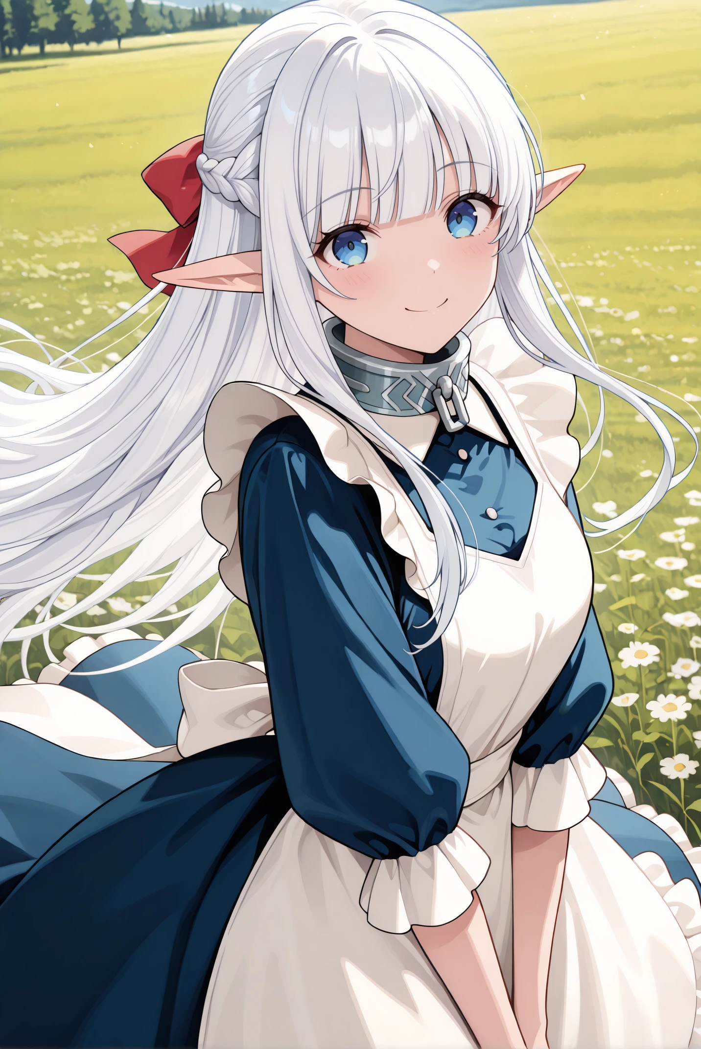 masterpiece, best quality, very aesthetic, absurdres, ultra-detailed, highly detailed, cowboy shot, shiny skin, dynamic pose,
meadow, wind, outdoors, smile, looking at viewer, standing, outdoors,
<lora:Nephelia-08:1> nephelia, 1girl, long hair, white hair, braid, pointy ears, french braid, elf, blue eyes, ribbon, apron, sidelocks, dress, bow, hair ribbon, maid, hair bow, frills, blunt bangs, blue dress, white apron, collar, red bow, metal collar,
<lora:illustrious_noobai_epsilon_pred_11_very_aesthetic_v1_1029791:1>
(lazypos:0.7)